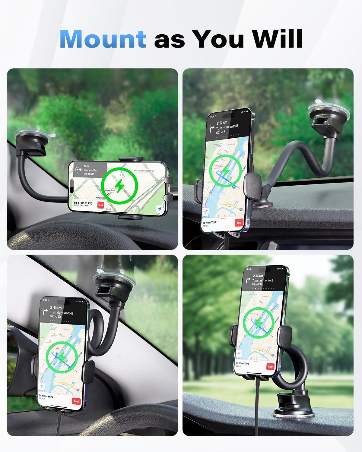 1Zero Solid Car Truck Phone Mount Wireless Charger Holder With 14-Inch Gooseneck Long Arm For Iphone 15 Pro Max Plus 14 13 12 11