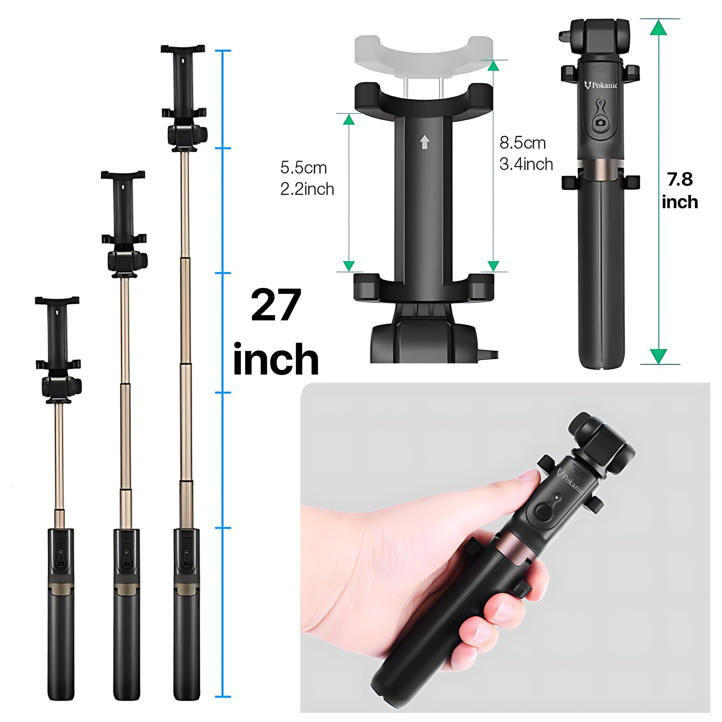 Pokanic Selfie Stick Tripod With Wireless Remote Controller Pouch Extendable Adjustable Stand Mount Light Weight V Log Compatible With All Apple Iphone, Samsung Galaxy (Black)