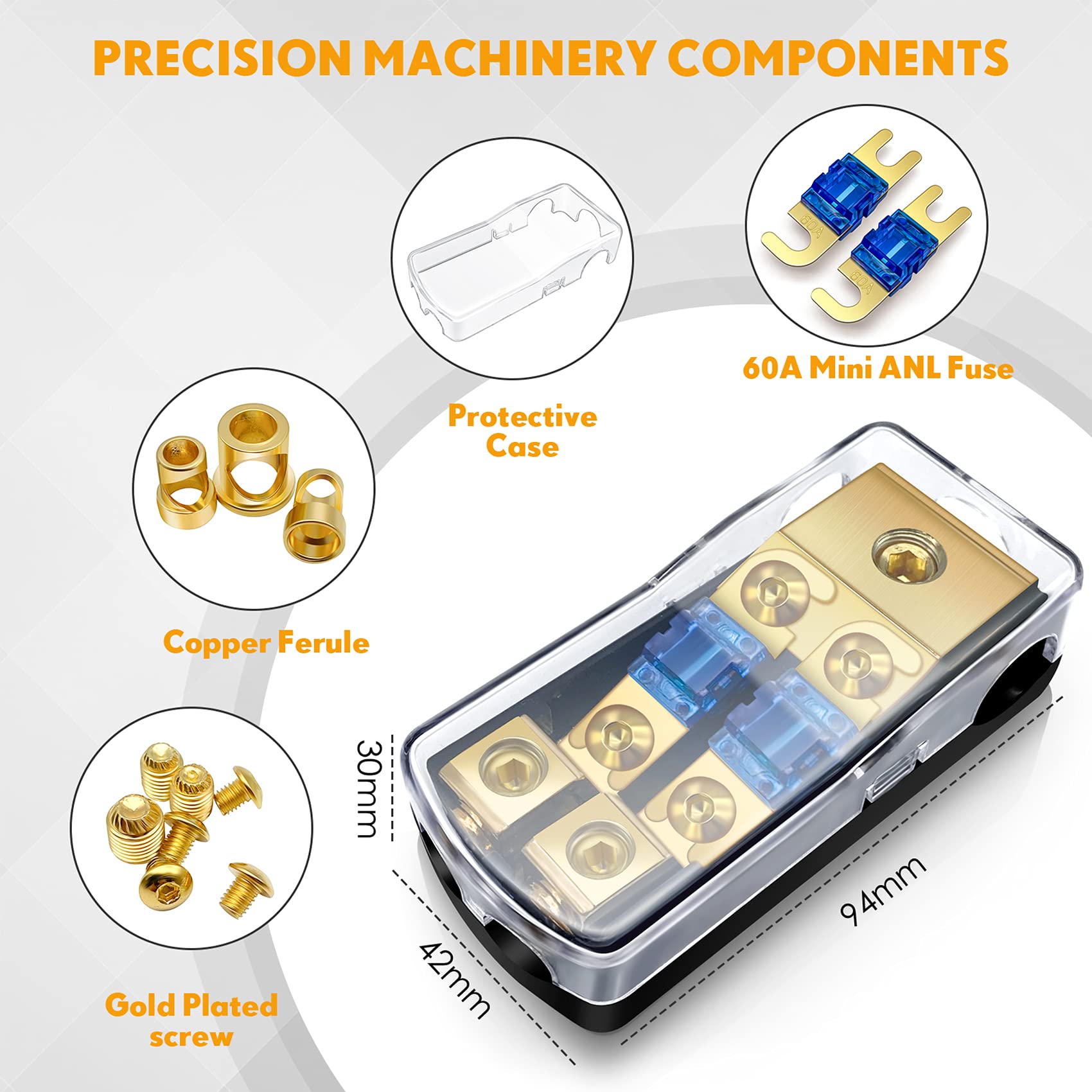 Bulvack 2 Way Mini Anl Fuse Holder, Copper 0/2/4 Gauge To 4/6/8 Gauge 60 Amp Fuse Distribution Block For Car Truck Boat Audio St