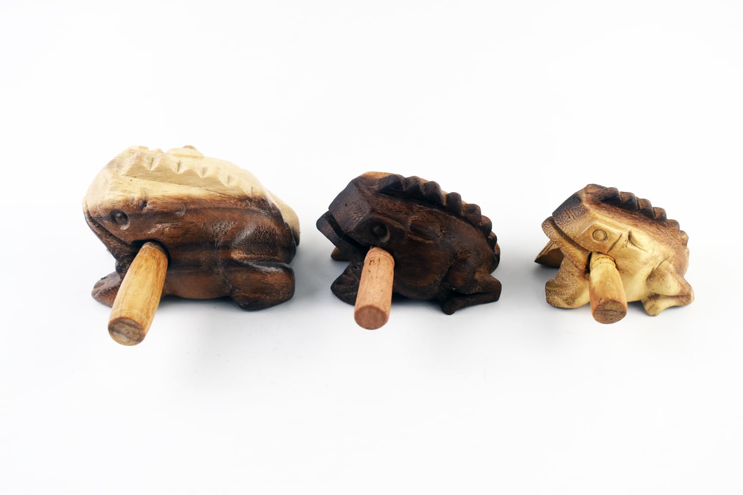 Guiros Percussion Instruments Wooden Frog 3 Piece Set Of 4 Inch, 3 Inch, 2.75 Inch, Wooden Frog Musical Instrument (Dark Brown C
