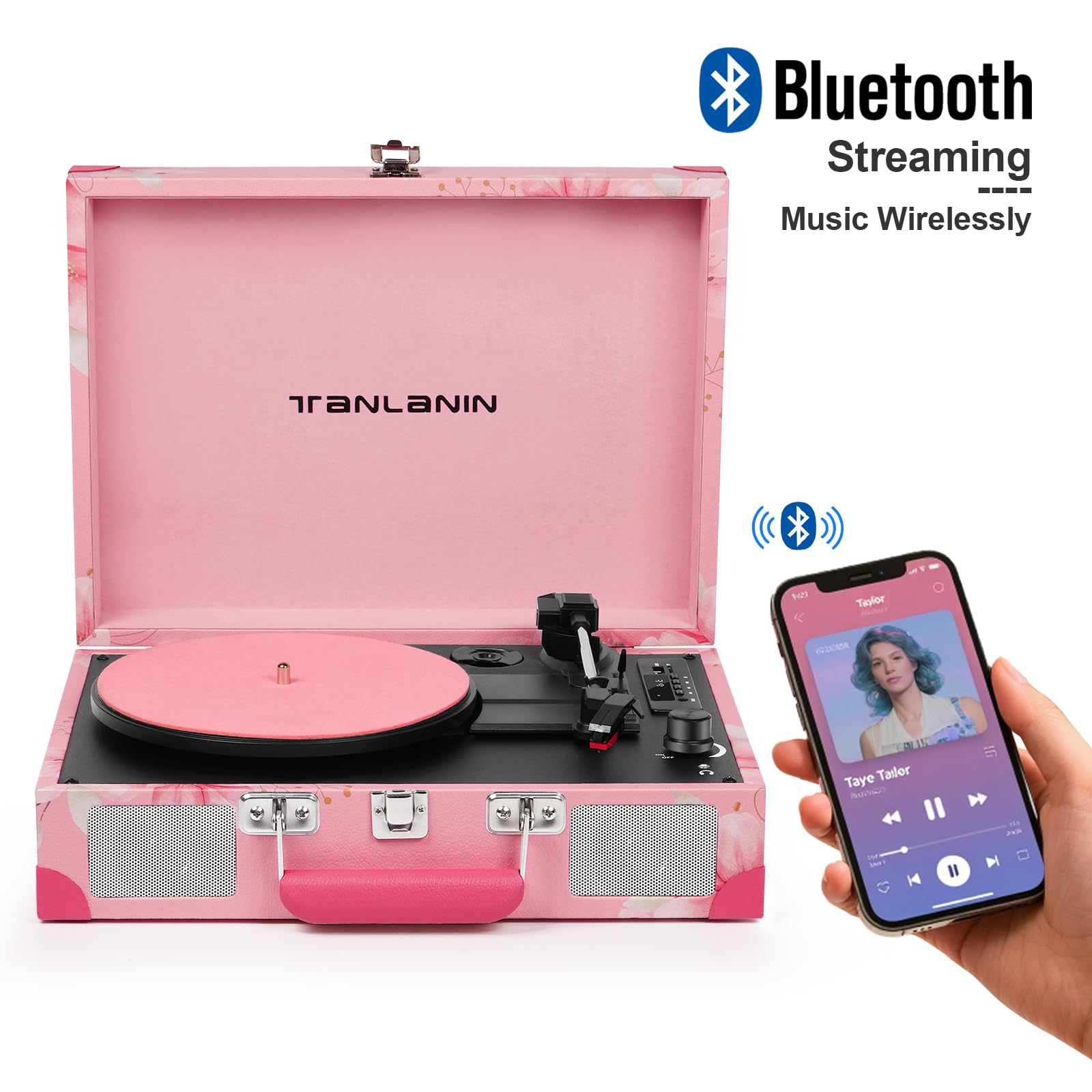 Record Player   3 Speed Turntable Portable Suitcase Vinyl Record Player With Bluetooth, Usb Recording, Built In Speakers, Headph