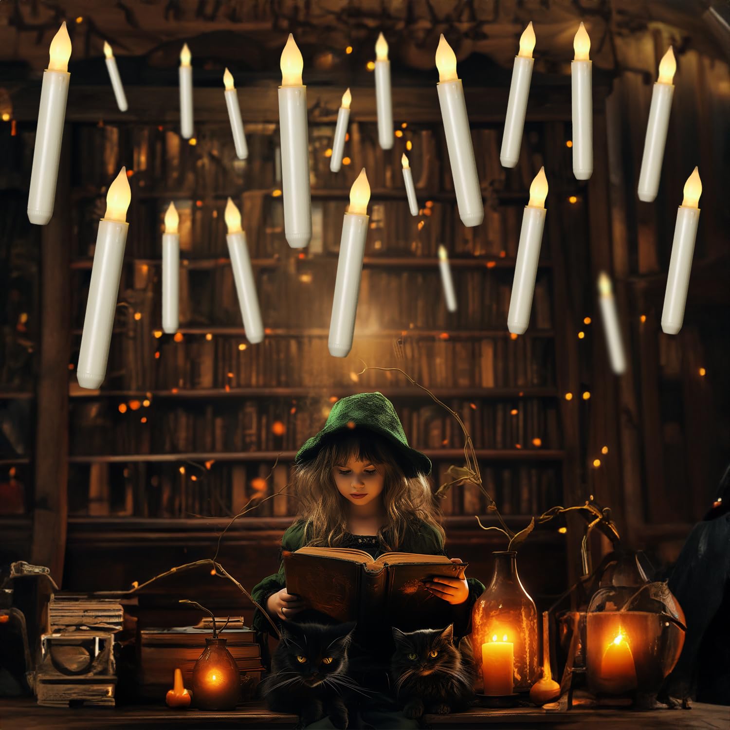 Homemory 24 Pcs Hanging Floating Candles, No Remote, Flameless Taper Candles Battery Operated, 6.5'' Warm Yellow Flickering Flam