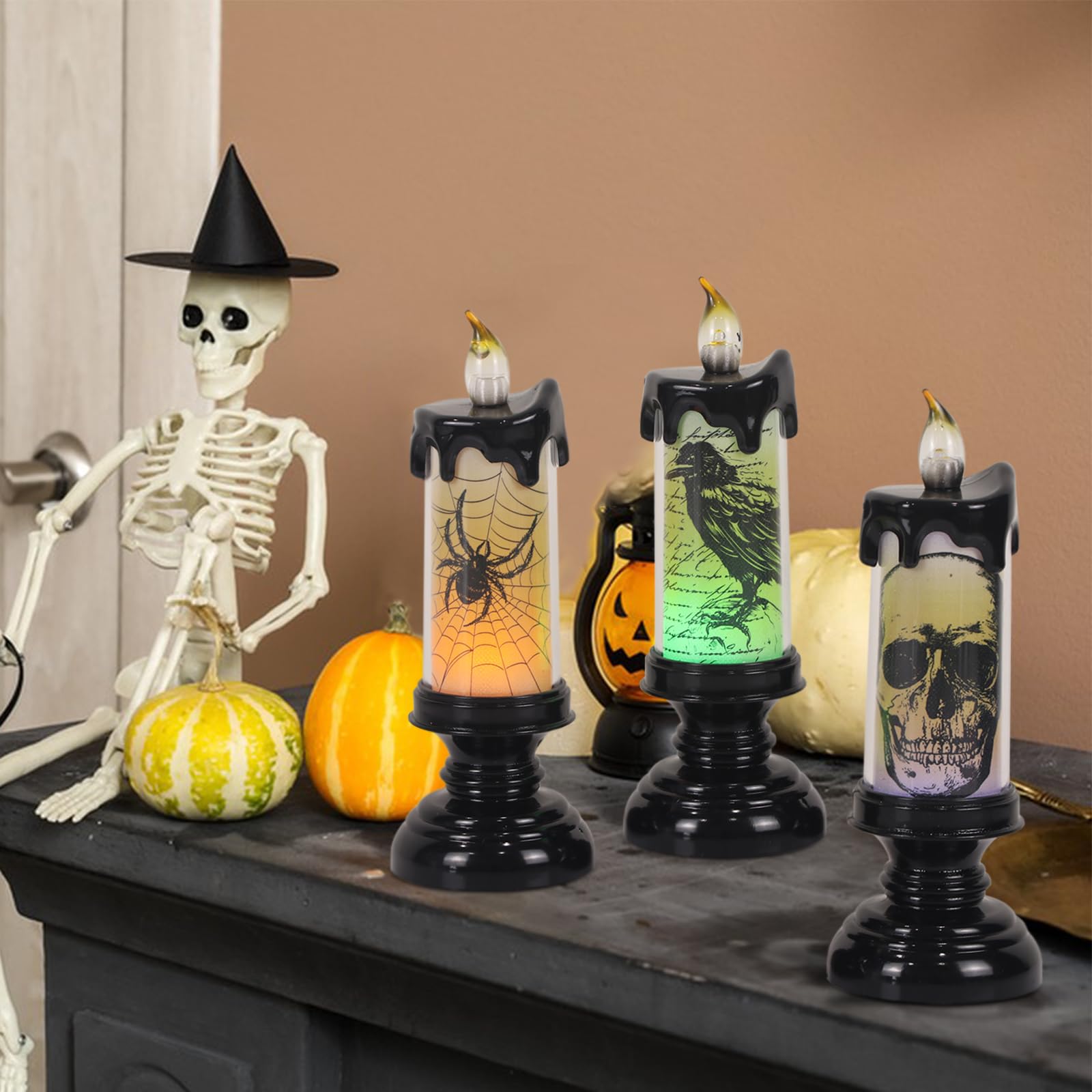 Eldnacele Halloween Flameless Candle Lamp Battery Operated With Remote And Timer, Spooky Horror Skull Crow Spider Decals Led Can