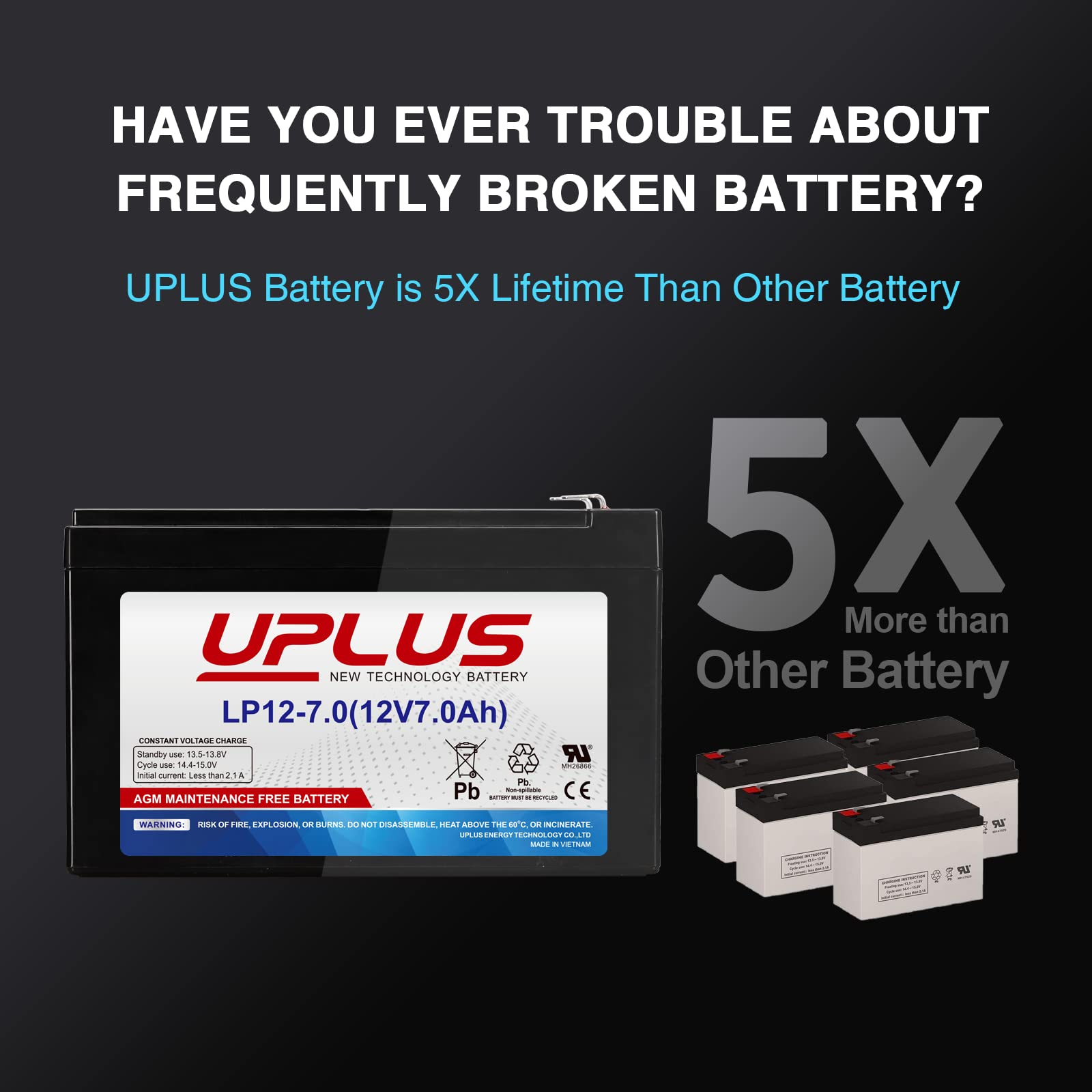 Uplus 12V 7Ah Battery, Sla Rechargeable Battery For Security Alarm, Home Fire, Garage Doors, Razor E200 E200S E300 E300S Mx350 M