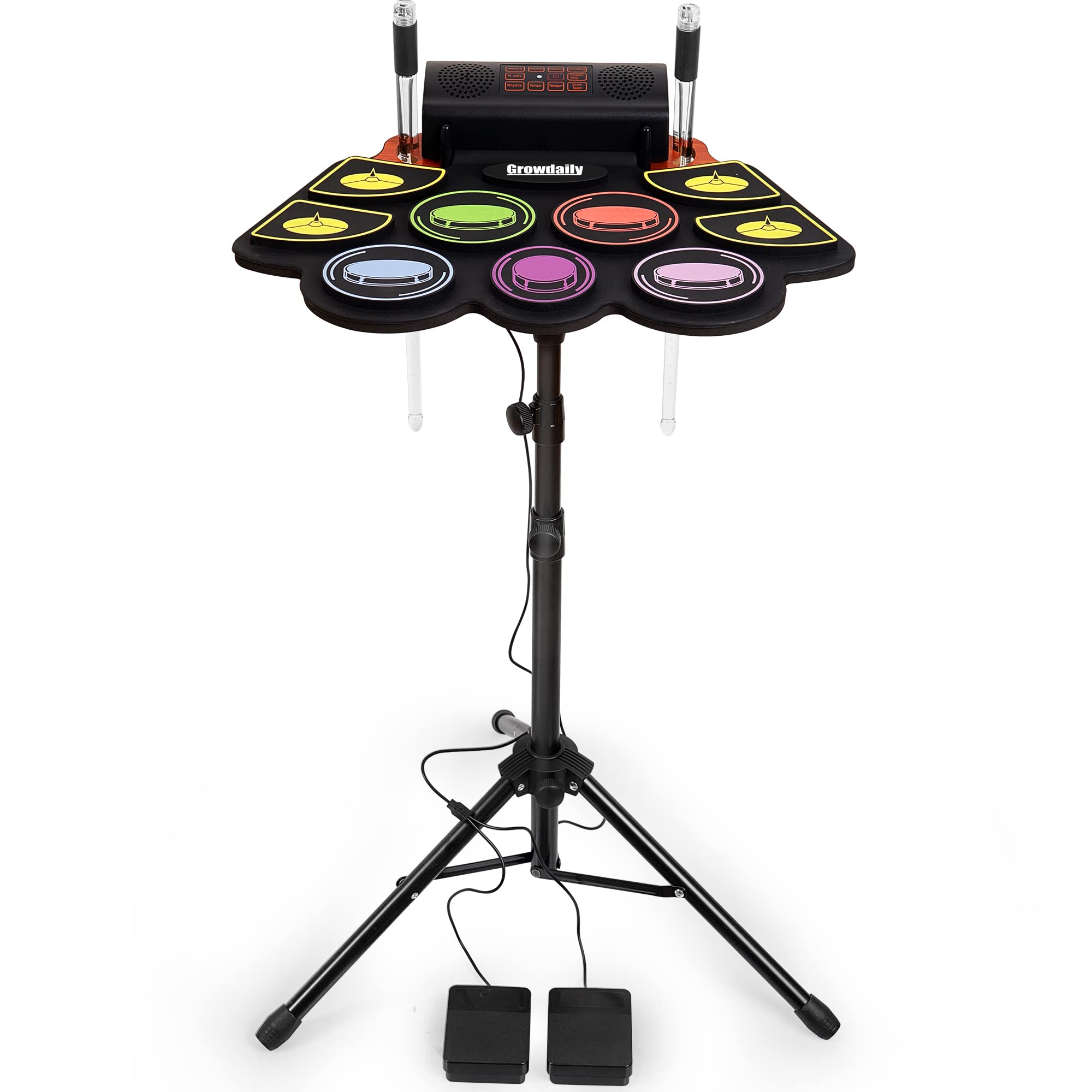 Electric Kids Drum Set,Electronic Drum Set Practice 9 Pads With Stand,Music Recording,Light Up Drum Sticks,Drum Pedal,Midi,Dual