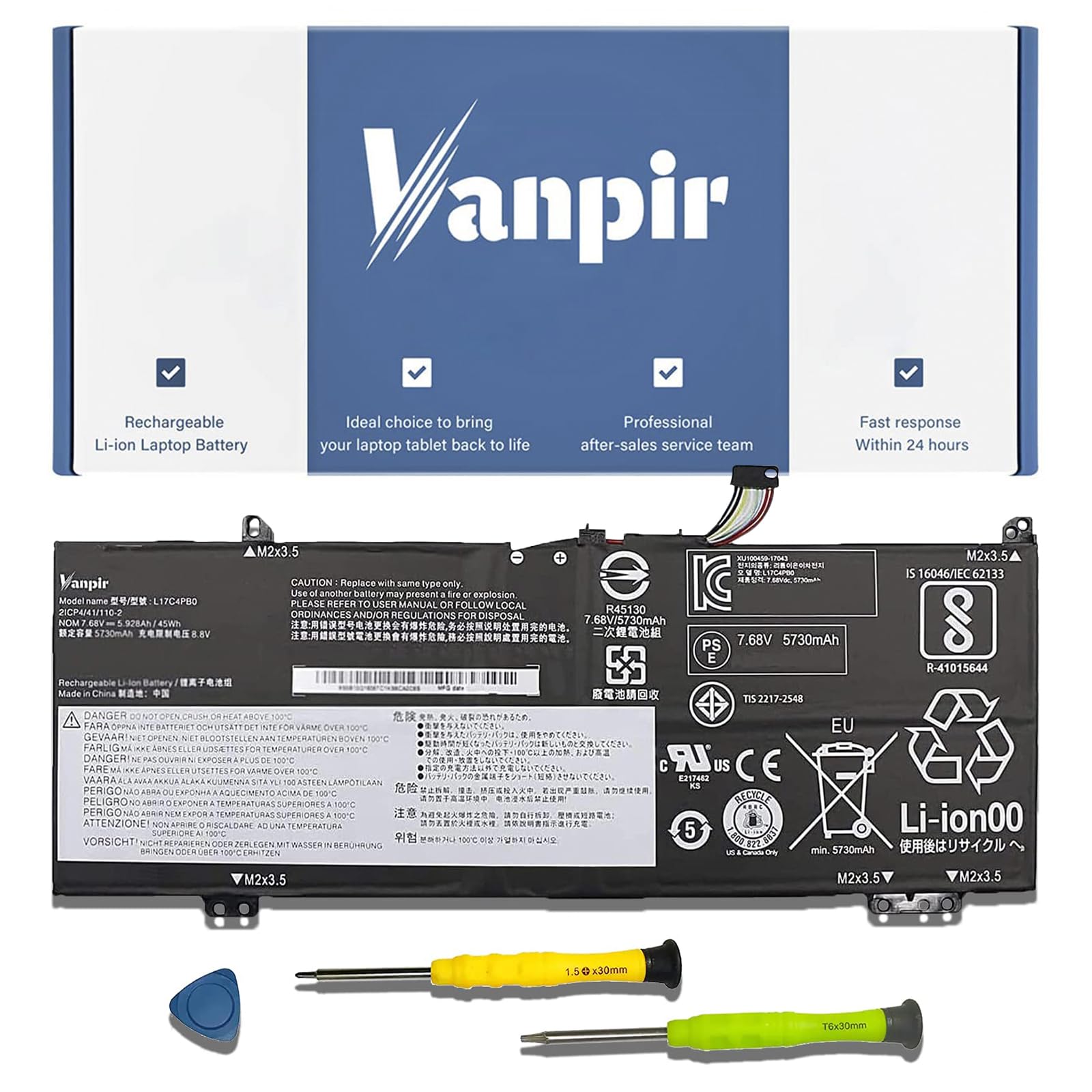 Vanpir L17C4Pb0 Laptop Battery, 7.68V 45Wh 5928Mah Compatible With Lenovo Flex 6 14Ikb 14Arr 530S 14Arr 530S 14Ikb 530S 15Ikb Se