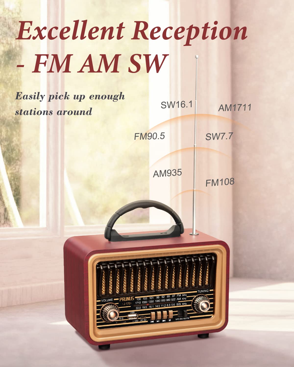 PRUNUS Retro Bluetooth Radio J-170, Portable AM/FM, Rich Bass, Small, Red, Wood, Rechargeable, TWS Pairing, MP3 Player