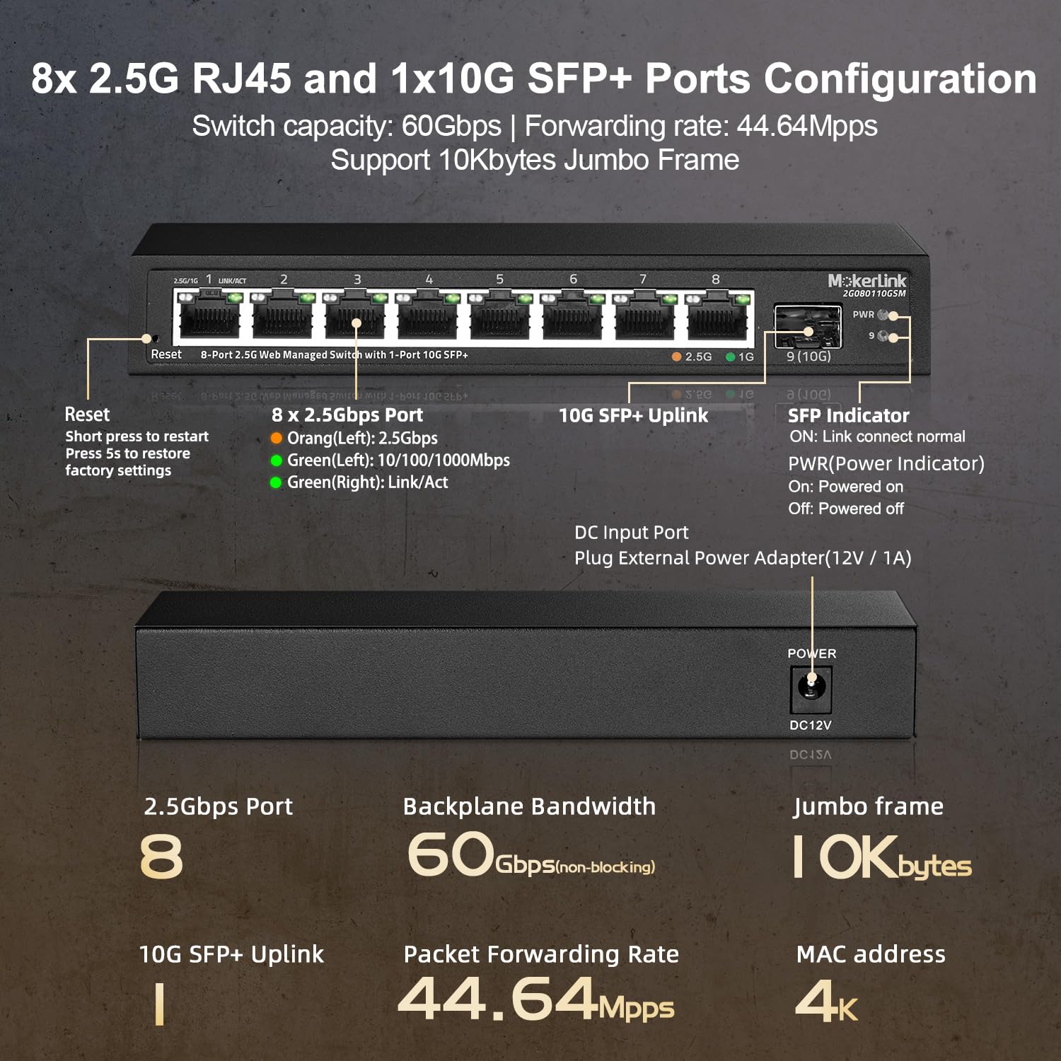 Mokerlink 8 Port 2.5 Gigabit Managed Switch With 10G Sfp+ Slot, 8 X 2.5G Base T Ports Compatible With 10/100/1000Mbps, Mini Size