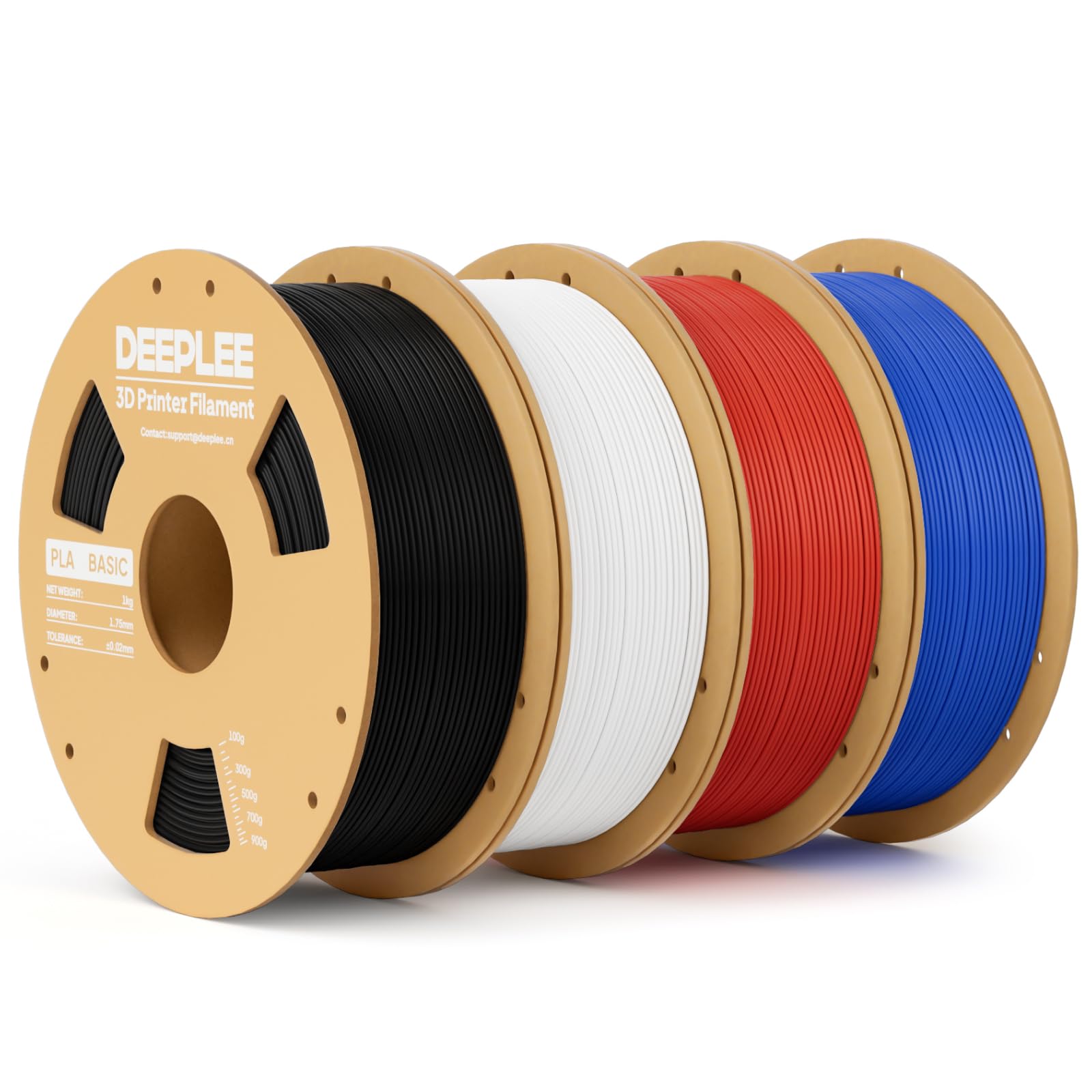 DEEPLEE Basic PLA Filament 1.75mm, 3D Printer Filament, Black White Red & Blue 4kg