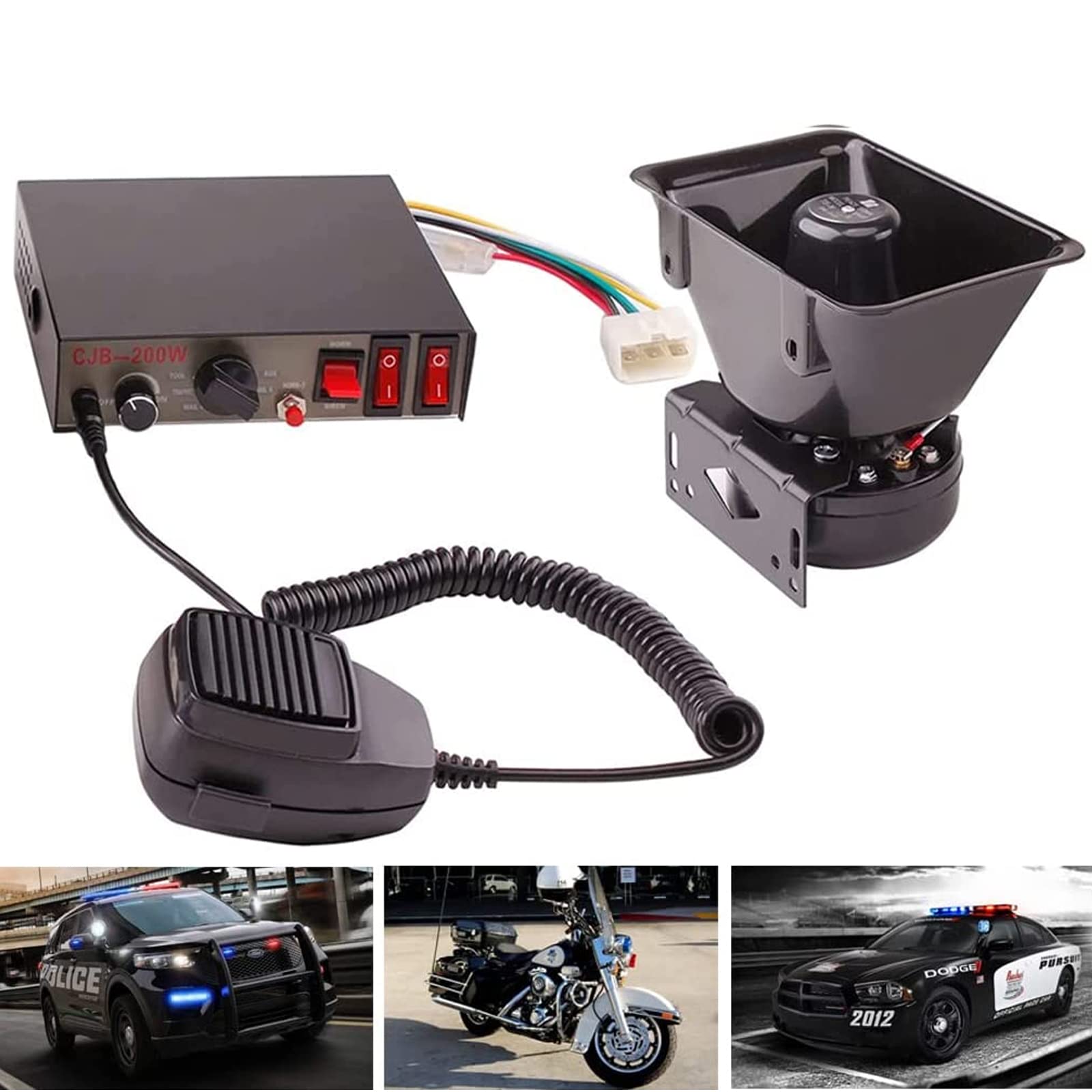 9 Tones 200W Emergency Warning Police Siren Speaker Pa System Kit With Handheld Microphone & 2 Lights Control Switches For Firef