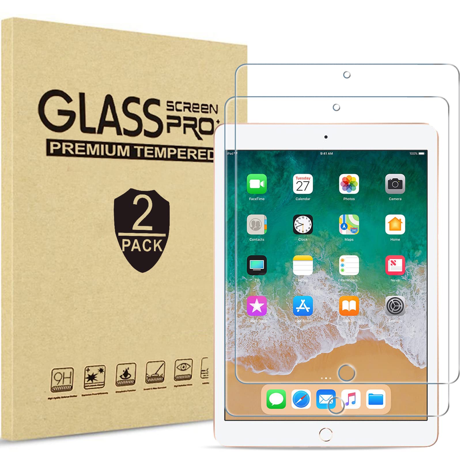 Procase 2 Pack Screen Protector For 9.7'' Ipad 6Th 5Th / Ipad Pro 9.7 2016 / Ipad Air 2 / Ipad Air 1, Tempered Glass Film Guard