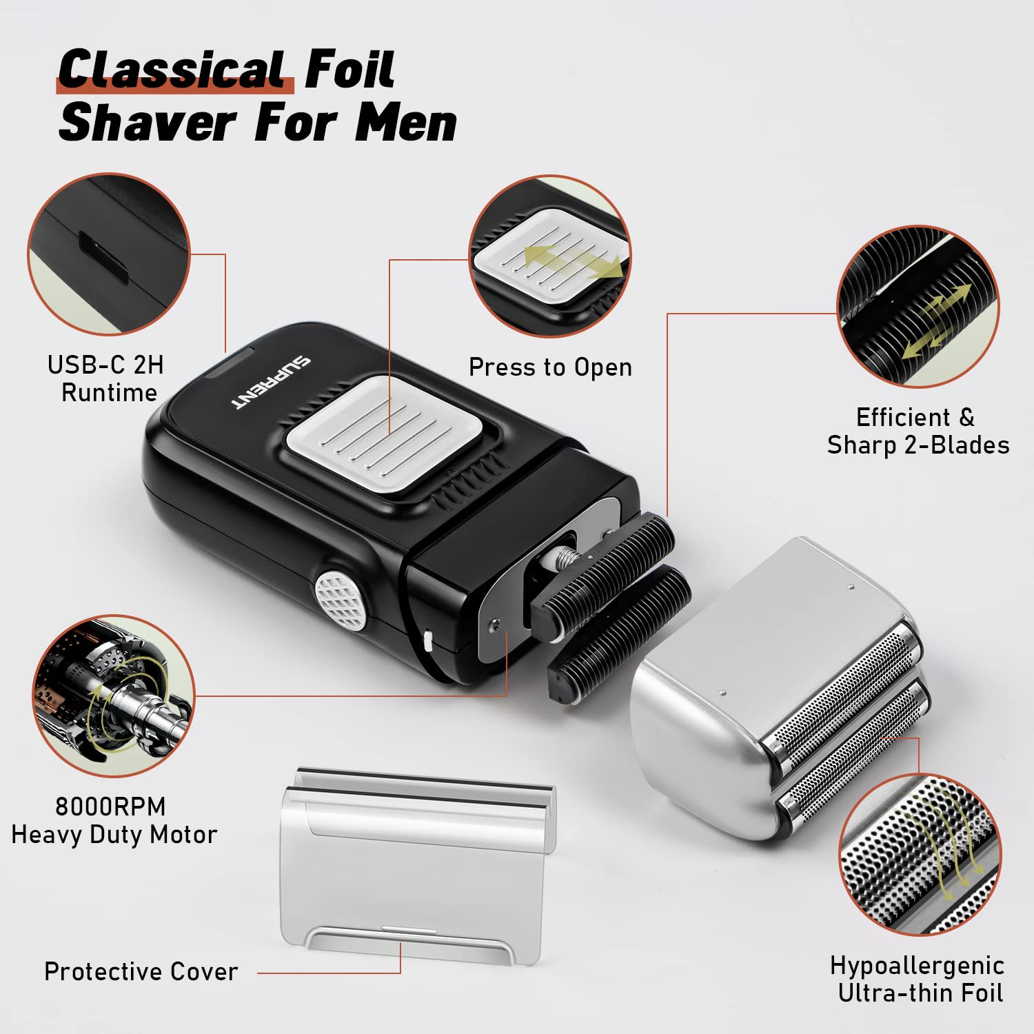 Suprent Foil Shaver For Men  Electric Rechargeable Balding Head Shaver  Beard Trimmer With 2 Replacement Shaver Head  Rechargeab