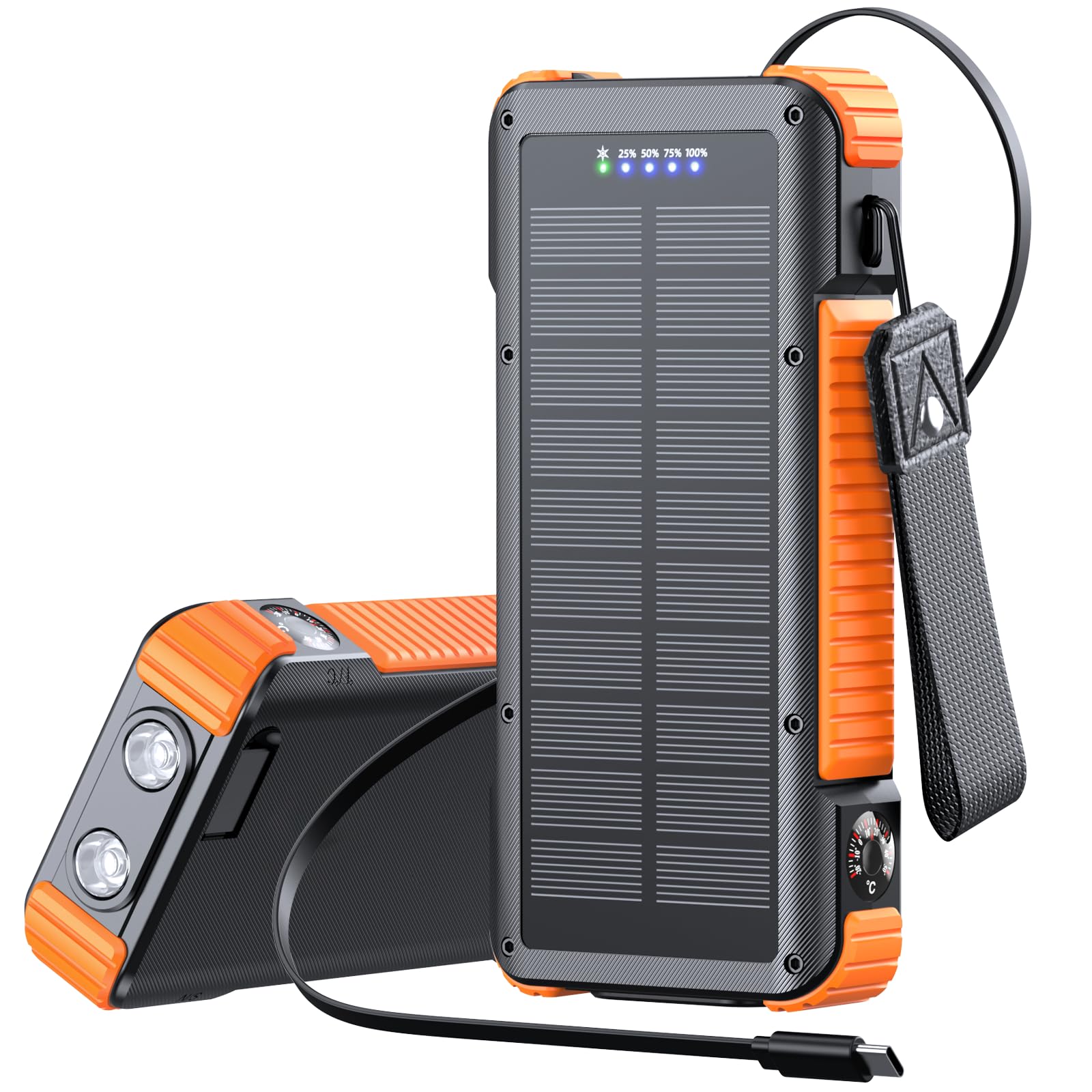 Luvknit Solar Power Bank 20000mAh, 22.5W Fast Charging Portable Charger with 27.6Inch Retractable USBC Cable, Lightning Adapte