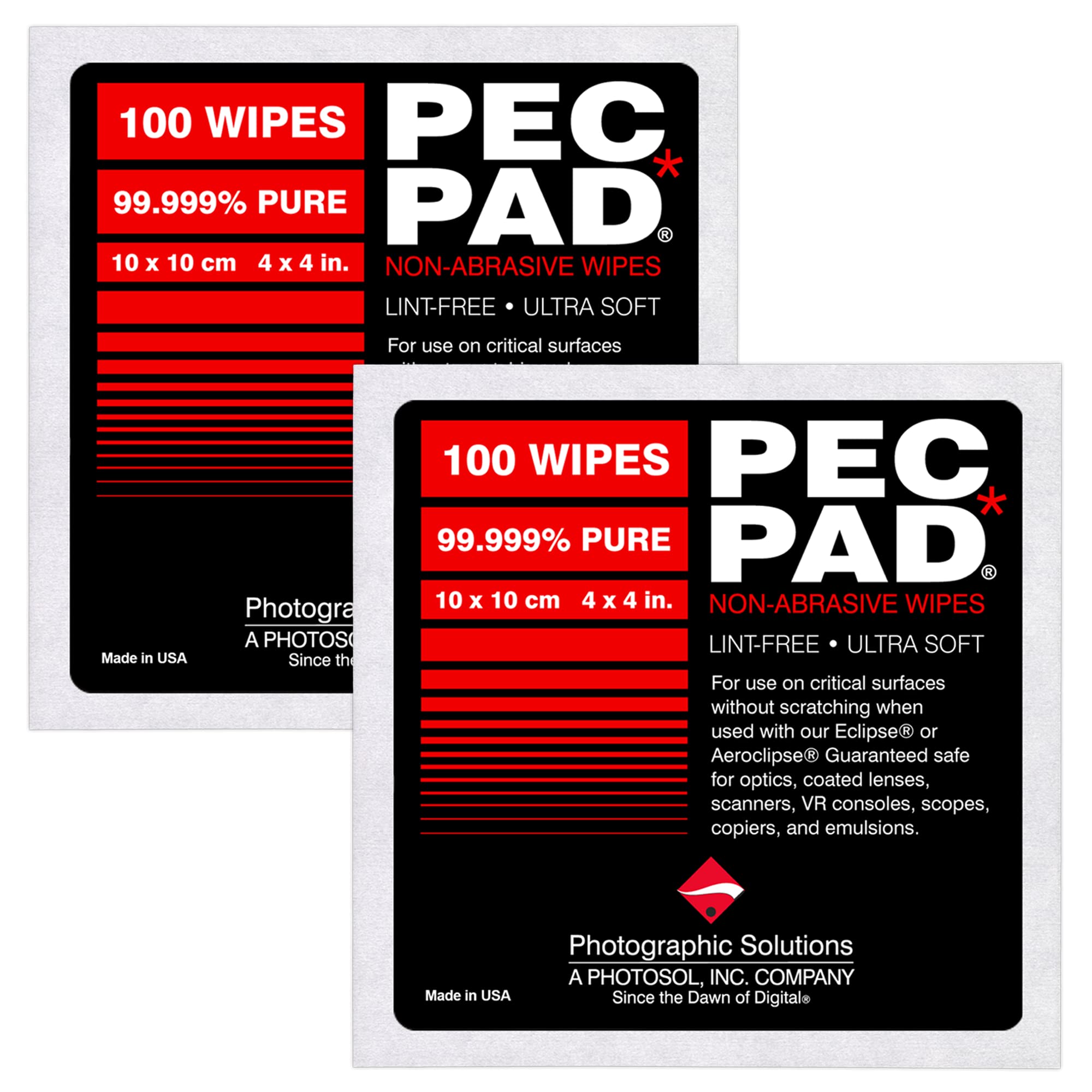 Pec Pad Lint Free Wipes 4�X4� Non Abrasive Ultra Soft Cloth For Cleaning Sensitive Surfaces Like Camera, Lens, Filters, Film, Scanners, Telescopes, Microscopes, Binoculars. (100 Sheets Per/Pkg) 2 Pack
