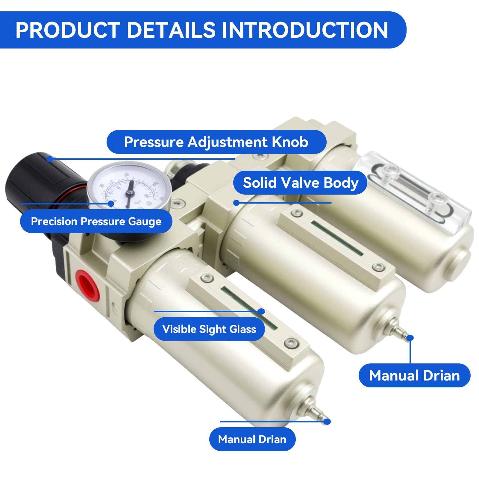 1/2'' Npt Industrial Grade 3 Stage Air-Dryer-For-Compressor, Manual Drain Air-Compressor-Water-Separator-System Filter Oil For P