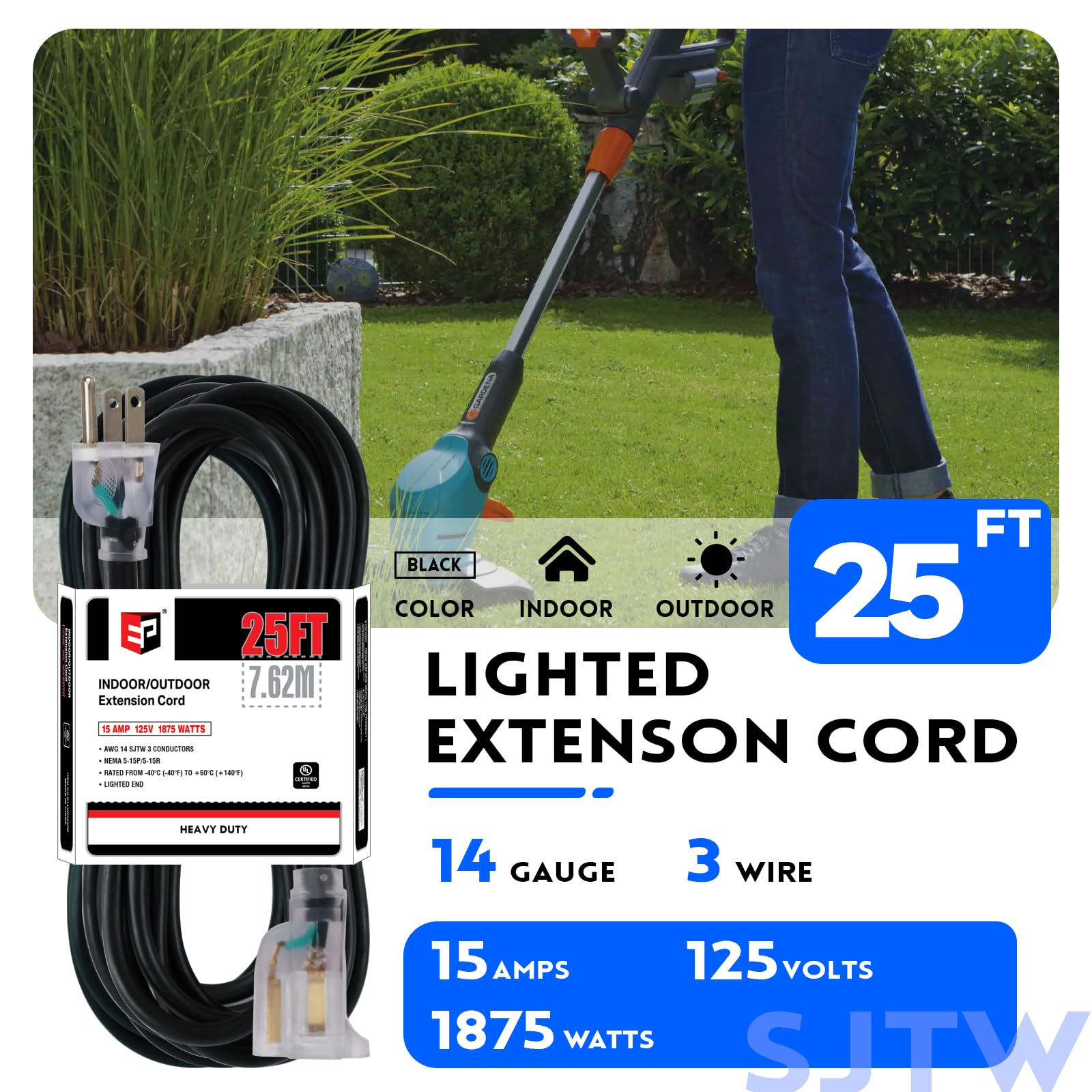 Ep 25Ft 14/3 Lighted Outdoor Extension Cord   14 Gauge 3 Prong Sjtw Heavy Duty Black Extension Cable With 3 Prong Grounded Plug