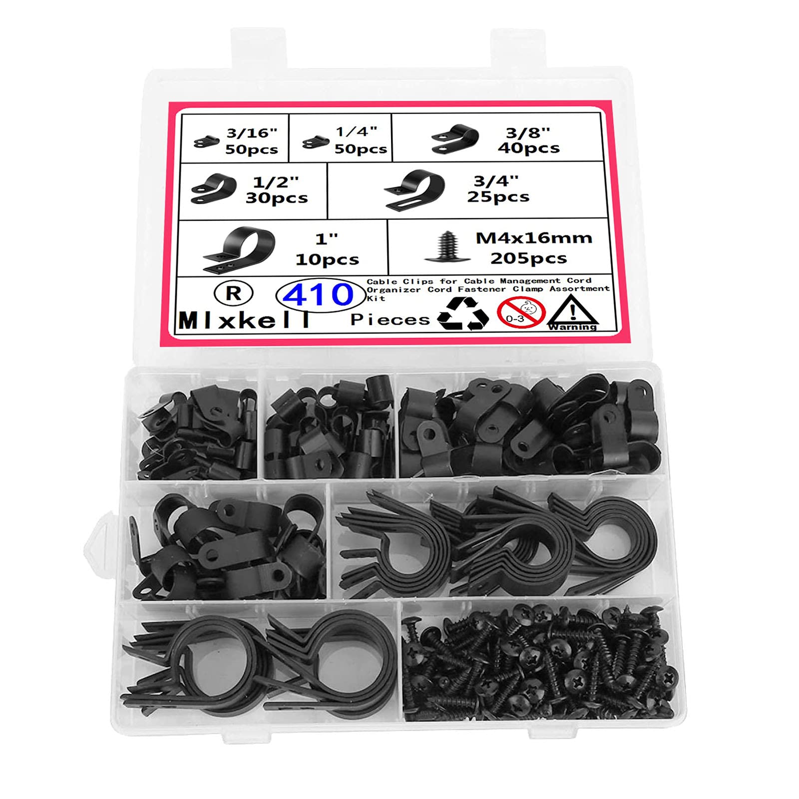 Black Plastic Screw Installation Cable, Used For Power Cord Fastener Classification, 6 Sizes 410 Pcs Of Nylon R Type, 3/16'' 1/4