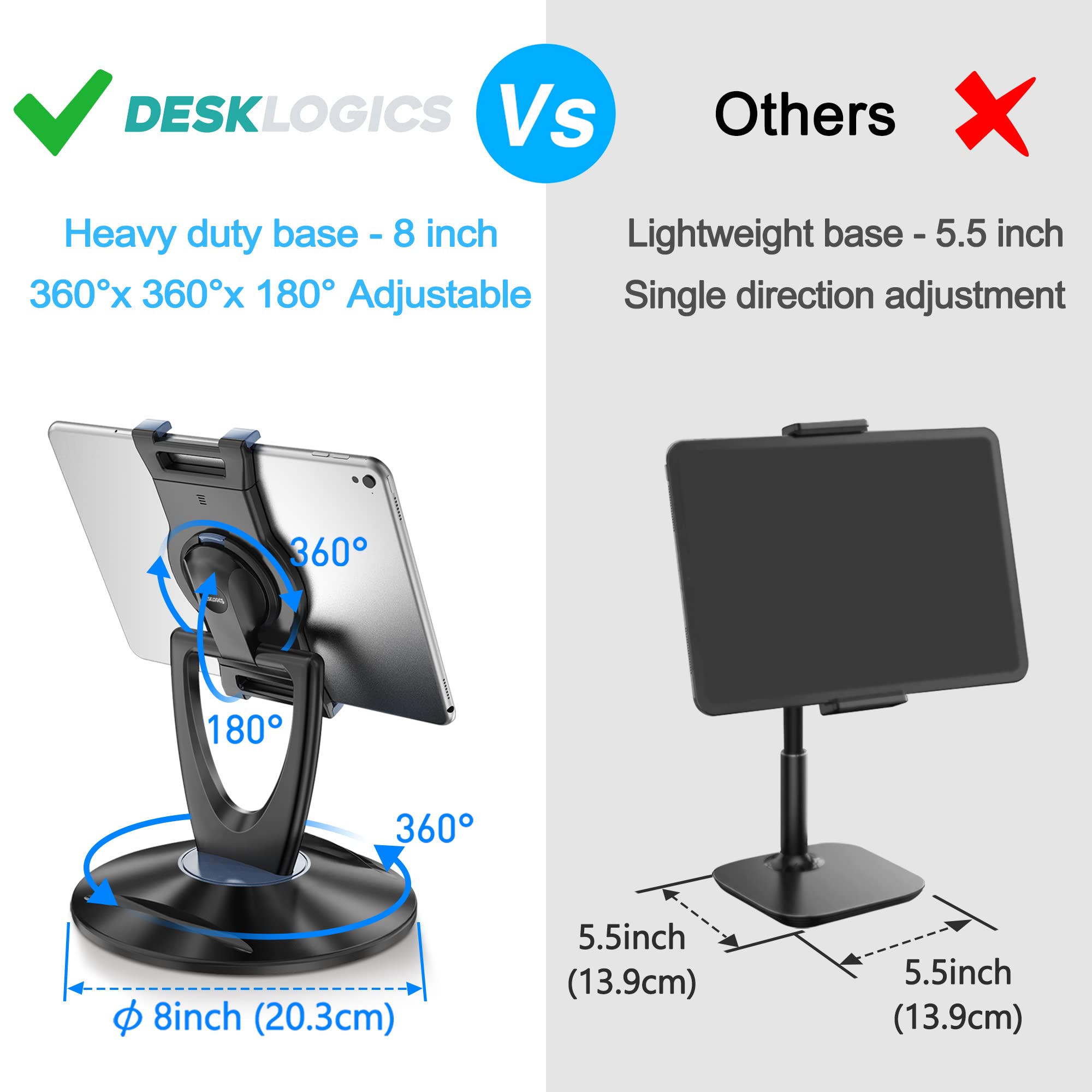 Desklogics Ipad Tablet Stand Holder For Desk   6 Inch To 13 Inch   Stable, Adjustable   360 Swivel Angle Pen Phone Ipad Stand Fo