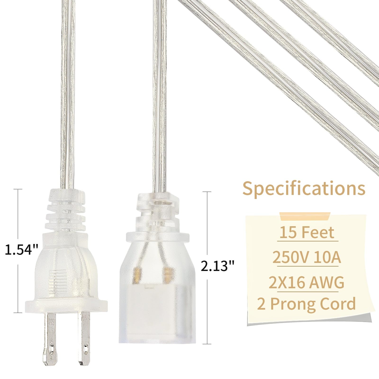 Zlierop 15 Ft Clear Extension Cord, Ul Certified Appliance Extension Cord, 2 Prong Extension Cord, Male To Female Extension Cord
