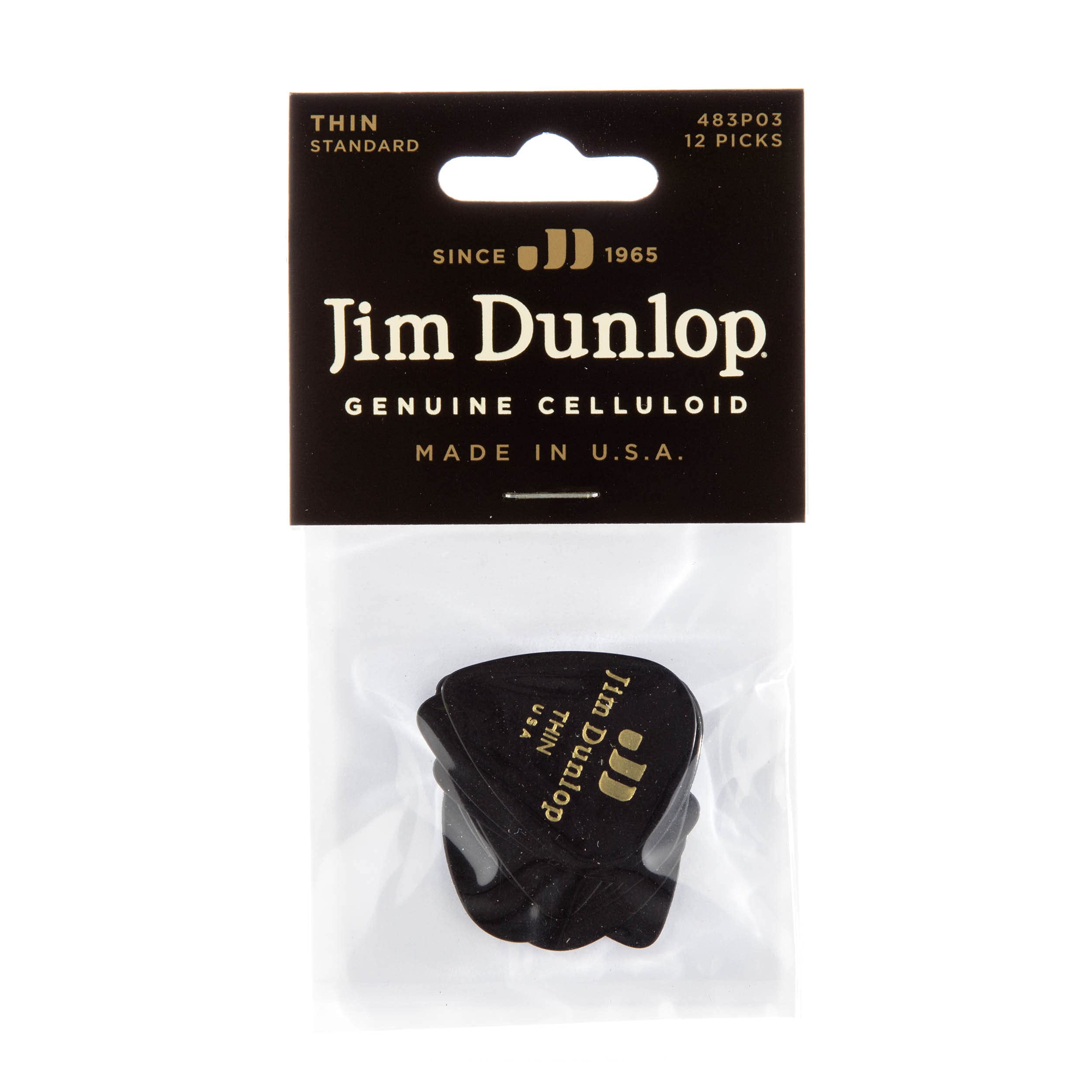 Jim Dunlop 483P03Th Genuine Celluloid, Black, Thin, 12/Player'S Pack