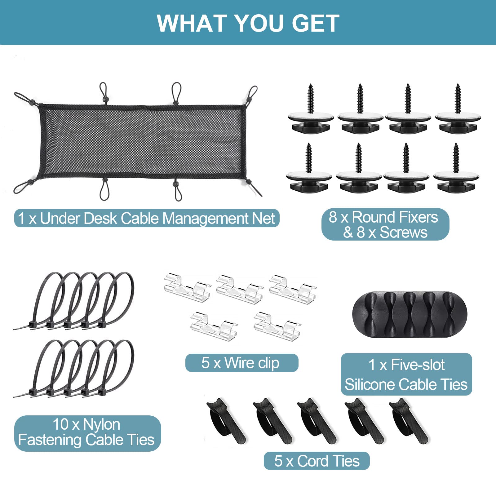 Under Desk Cable Management Net, 36Pcs Under Table Cord Management Mesh Organizer Flexible Wire Hiders, Extra Large Capacity Wir