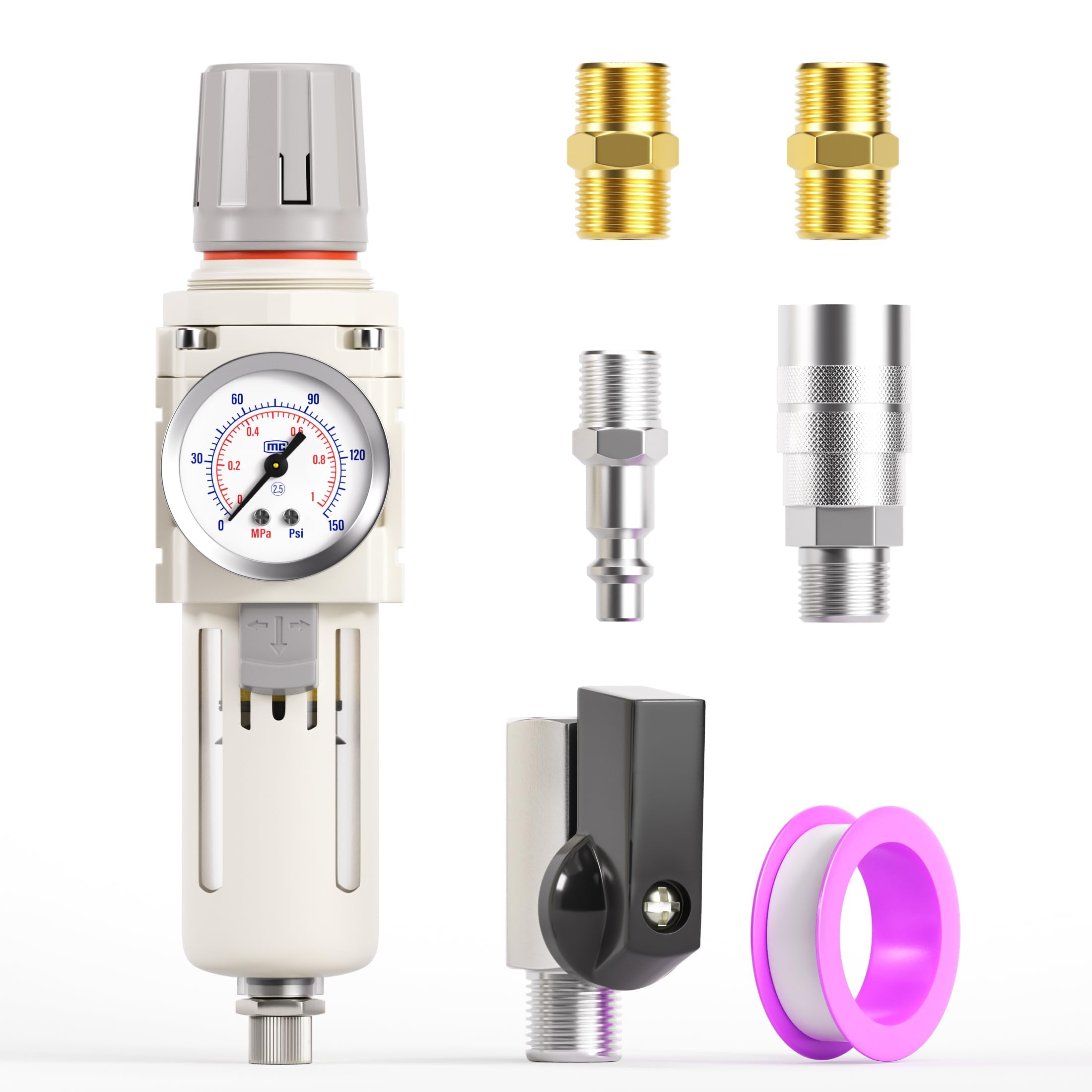 Tailonz Pneumatic 3/8 Inch Npt Air Filter Pressure Regulator Combo Piggyback, Air Tool Compressor Filter With Gauge Aw300003