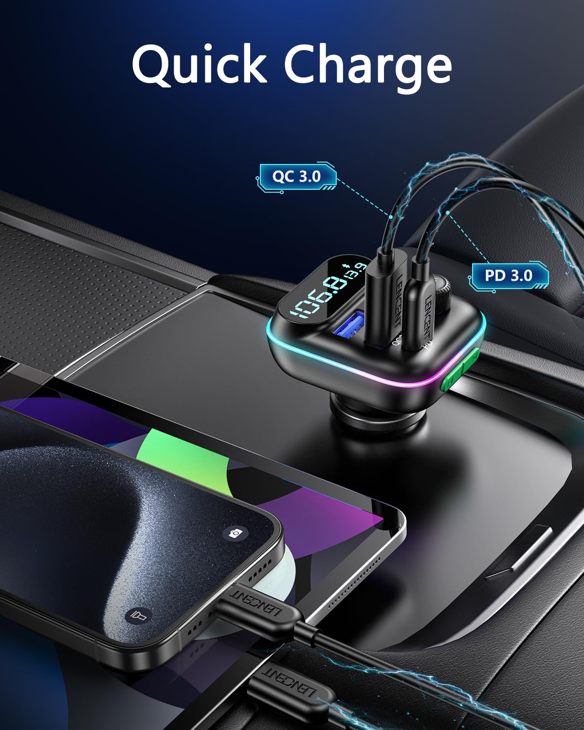 Lencent Fm Transmitter In Car Adapter, Wireless Bluetooth 5.0 Radio Car Kit,Type C Pd + Qc3.0 Fast Usb Charger, Hands Free Calli