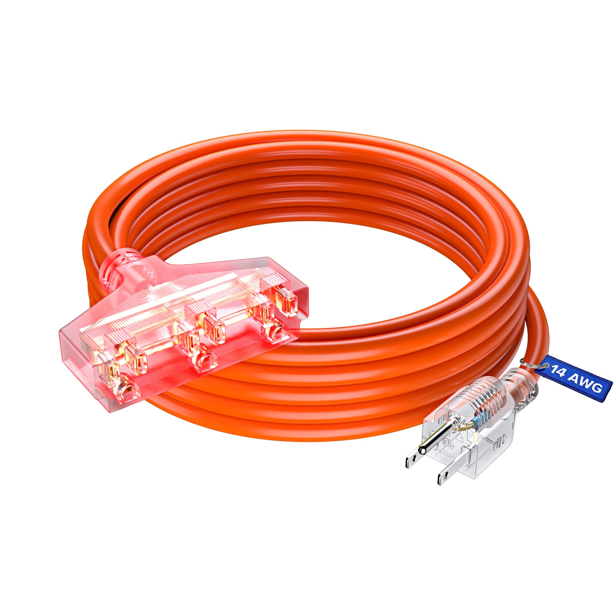 Extension Cord 25 Ft, Extension Cord With Multiple Outlets, Sjtw 14 Gauge (Orange) Etl Listed