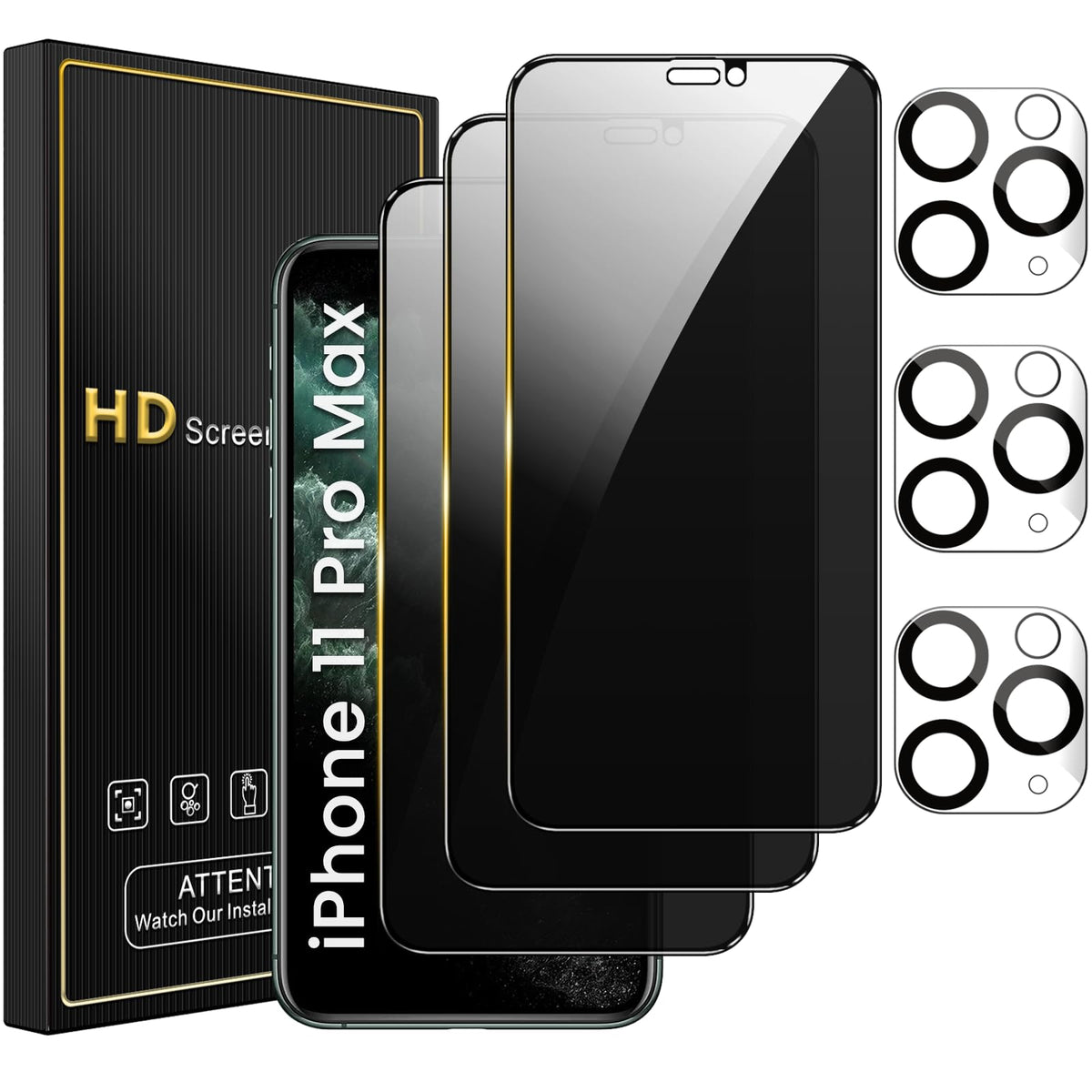 Nbiefuny 3 Pack Privacy Screen Protector For Iphone 11 Pro Max 6.5 Inch With 3 Pack Camera Lens Protector, Anti Spy Tempered Gla