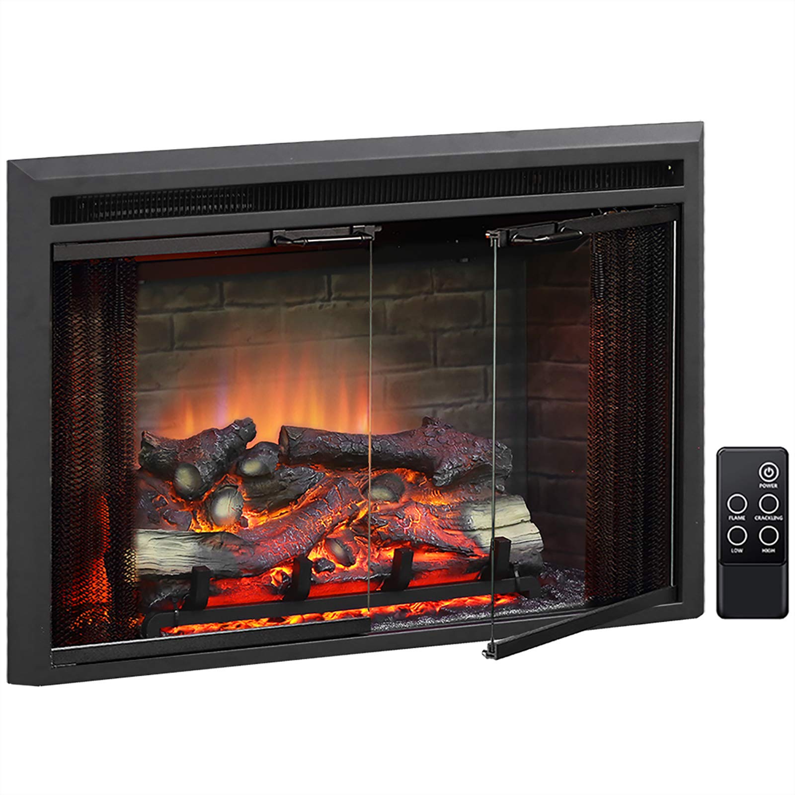 Puraflame Klaus Electric Fireplace Insert With Fire Crackling Sound Glass Door And Mesh Screen, 750/1500W, Black, 33 1/16 Inches
