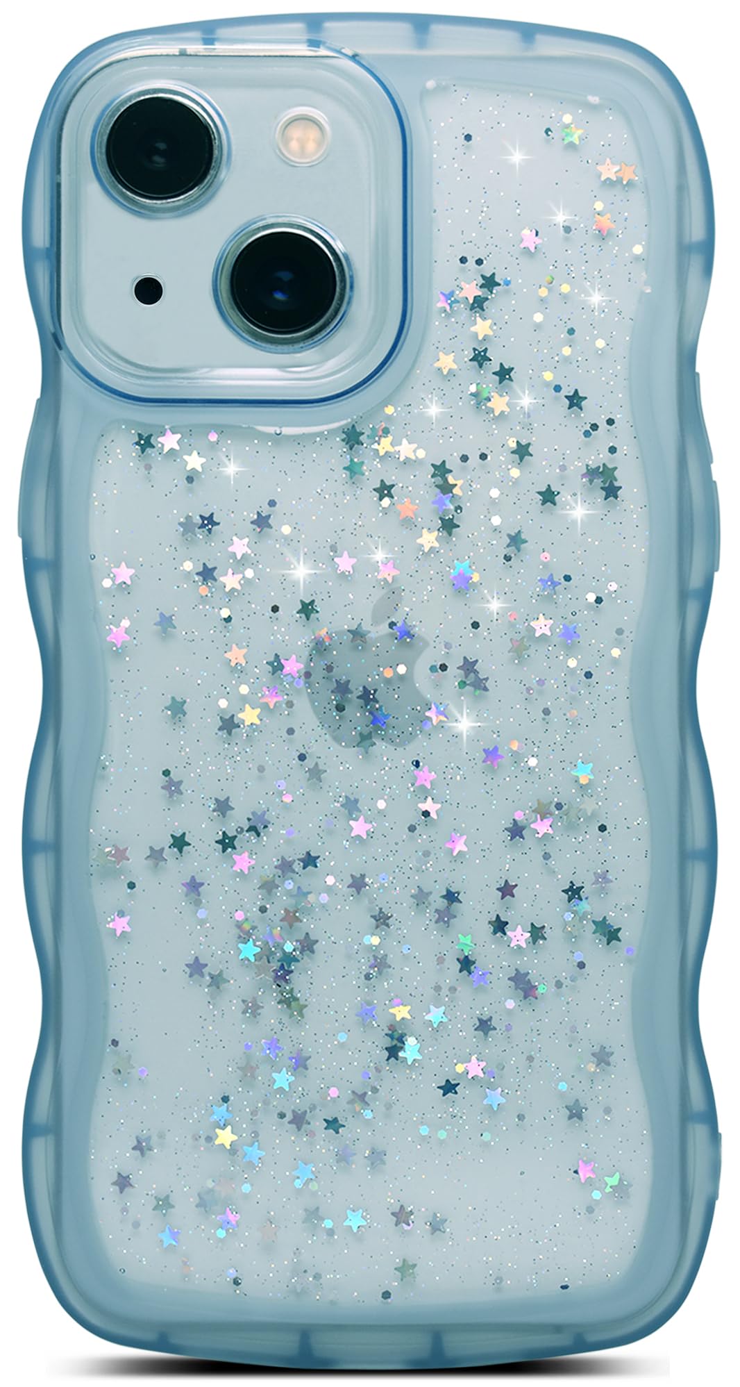 Qokey For Iphone 13 Case 6.1 Inch,Cute Clear Glitter Star Curly Wave Design Edge Case,Transparent Bling Shiny Full Protection So