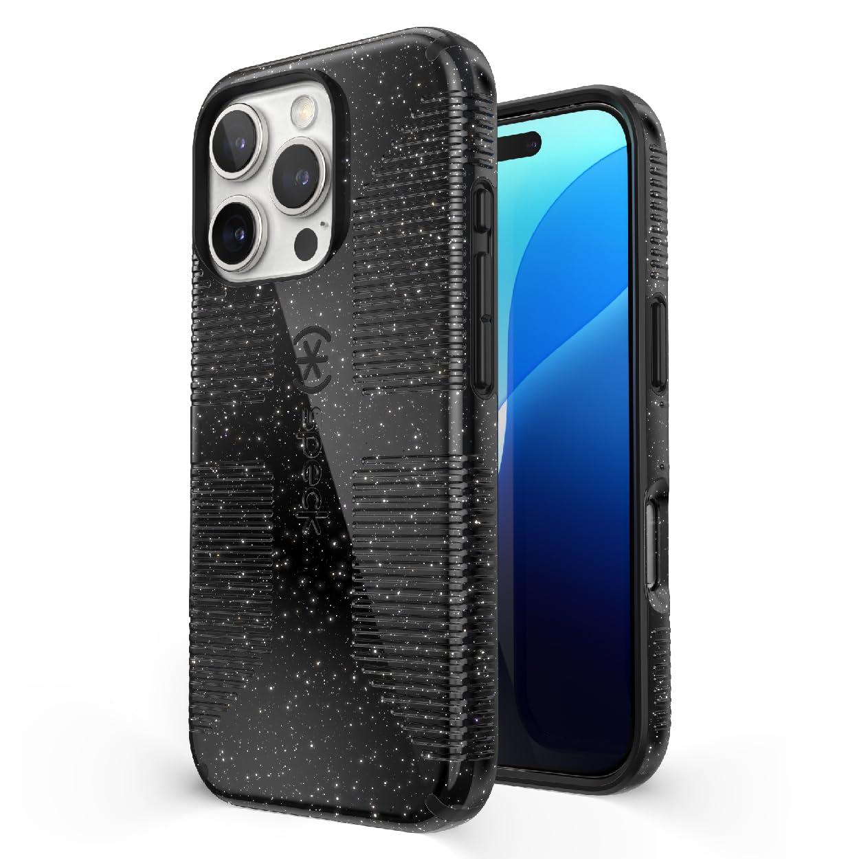 Speck CandyShell Grip Case iPhone 16 Pro - Slim MagSafe - Black Glitter/Steel Black