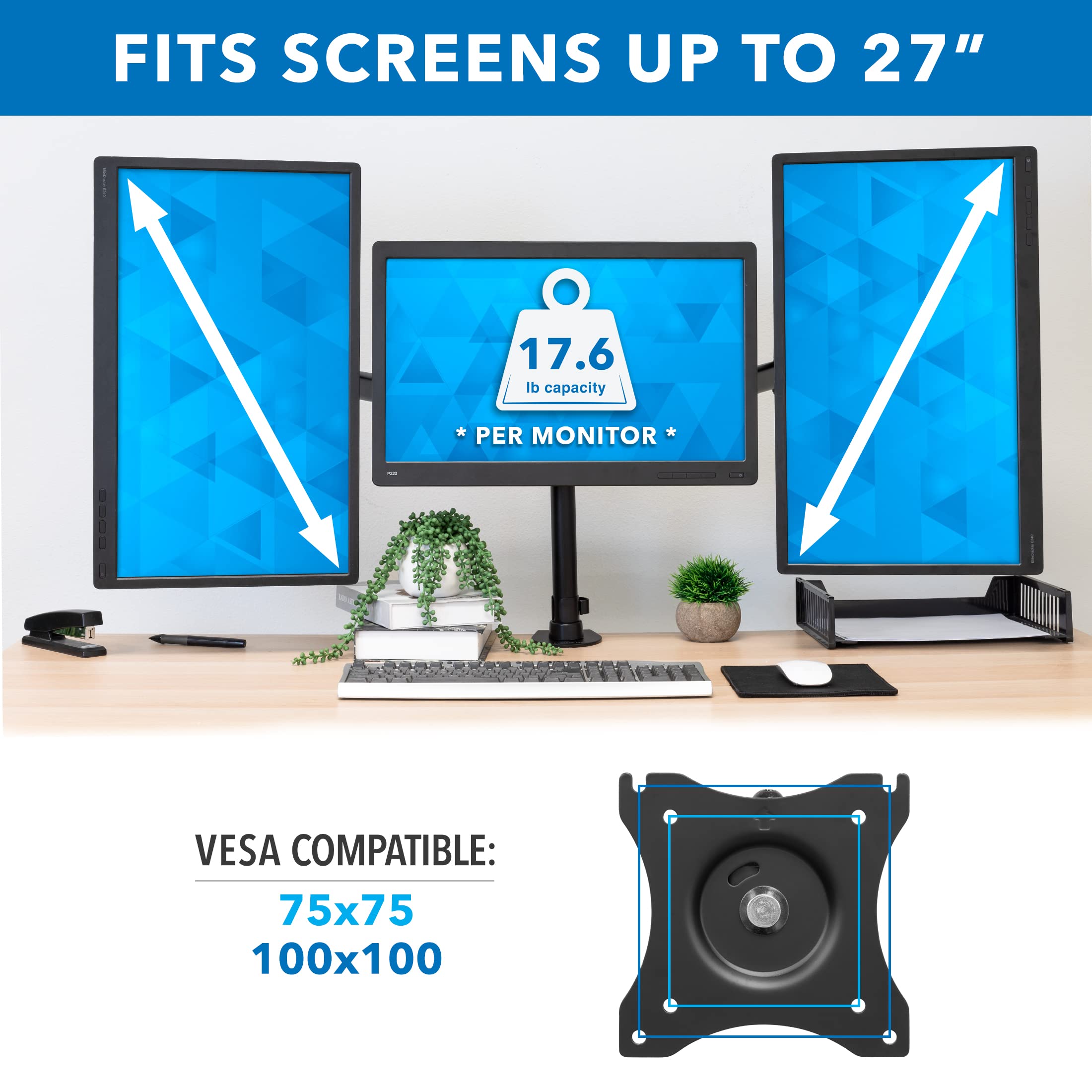 Mount It! Triple Monitor Mount 3 Screen Desk Stand for LCD Computer Monitors for 19 20 22 23 24 27 Inch Monitors VESA 75 and 100 Compatible Full Motion, 54 lbs Capacity (MI 1753),Black