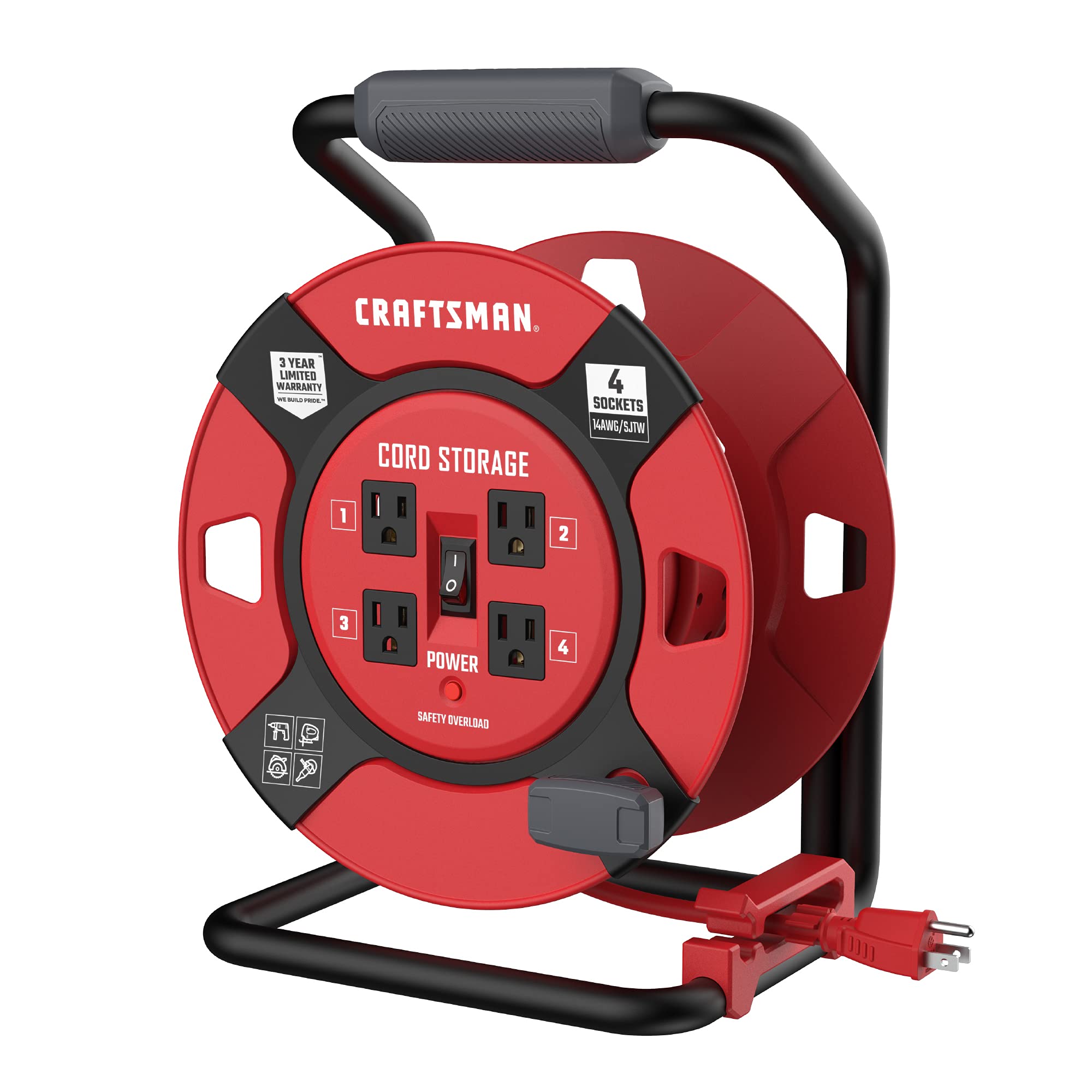 Craftsman Retractable Extension Cord Reel 1 Ft. With 4 Outlets, Cable Management & Heavy Duty 14Awg Sjtw Cable