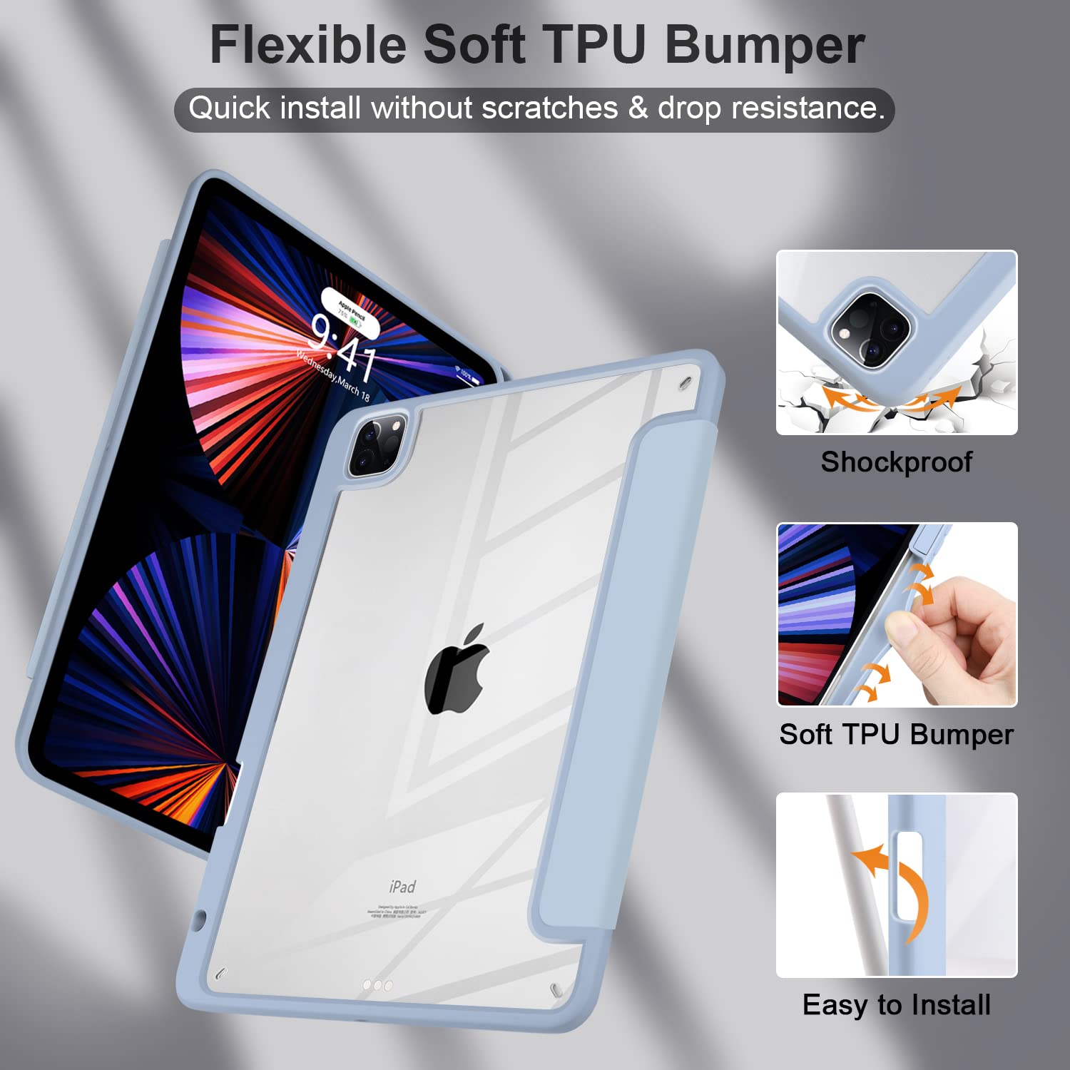 Batianda Hybrid Case For Ipad Pro 12.9 Inch 2022 M2 2021 5Th / Ipad Pro 12.9' 4Th/3Rd Gen [Built In Pencil Holder] Shockproof Cover With Clear Back Shell Tpu Bumper,Blue