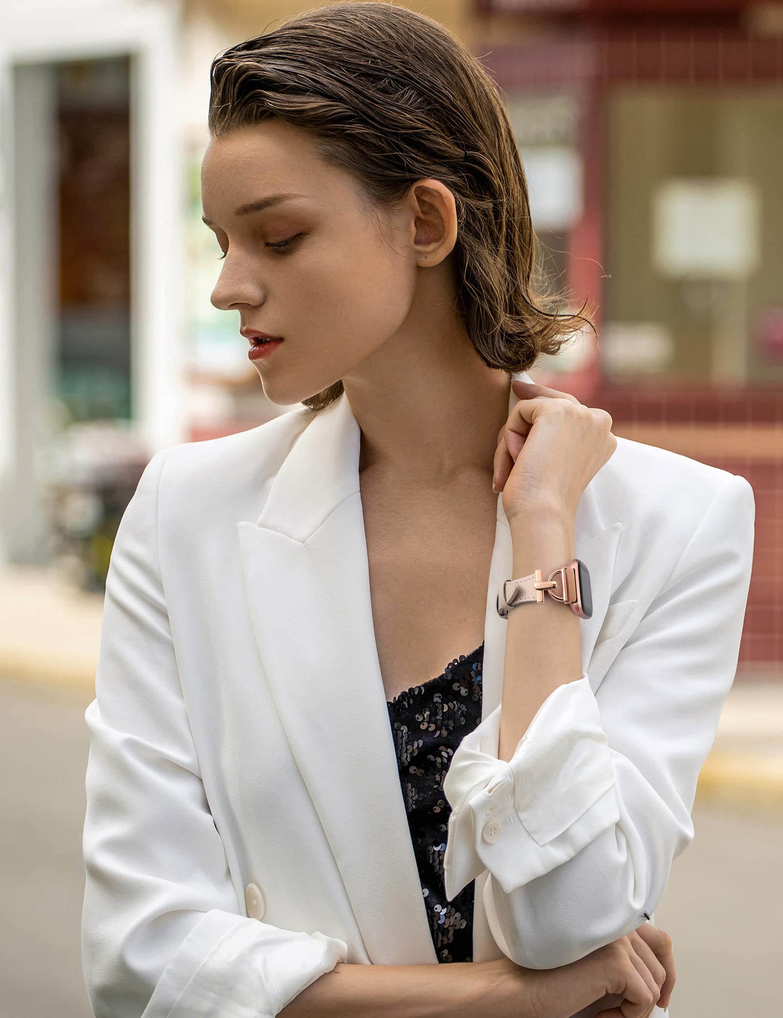 Wearlizer Leather Band Compatible With Fitbit Versa 2 Bands For Women, Dressy Slim Leather Strap Wristband With D Shape Metal Bu