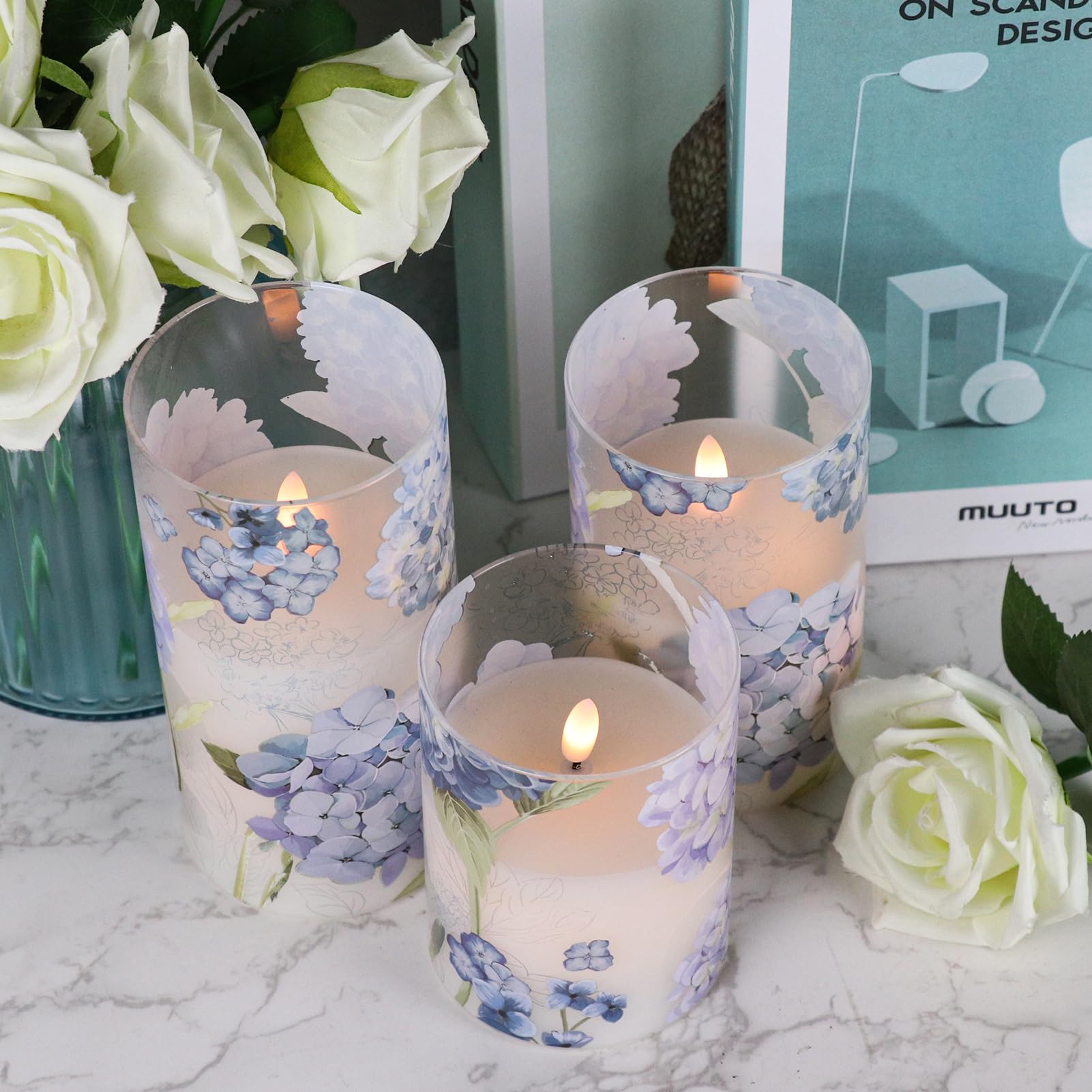 Dromance Hydrangea Glass Flameless Candles With Remote Timer Battery Operated Led Flickering Pillar Candles Real Wax Spring Dinn