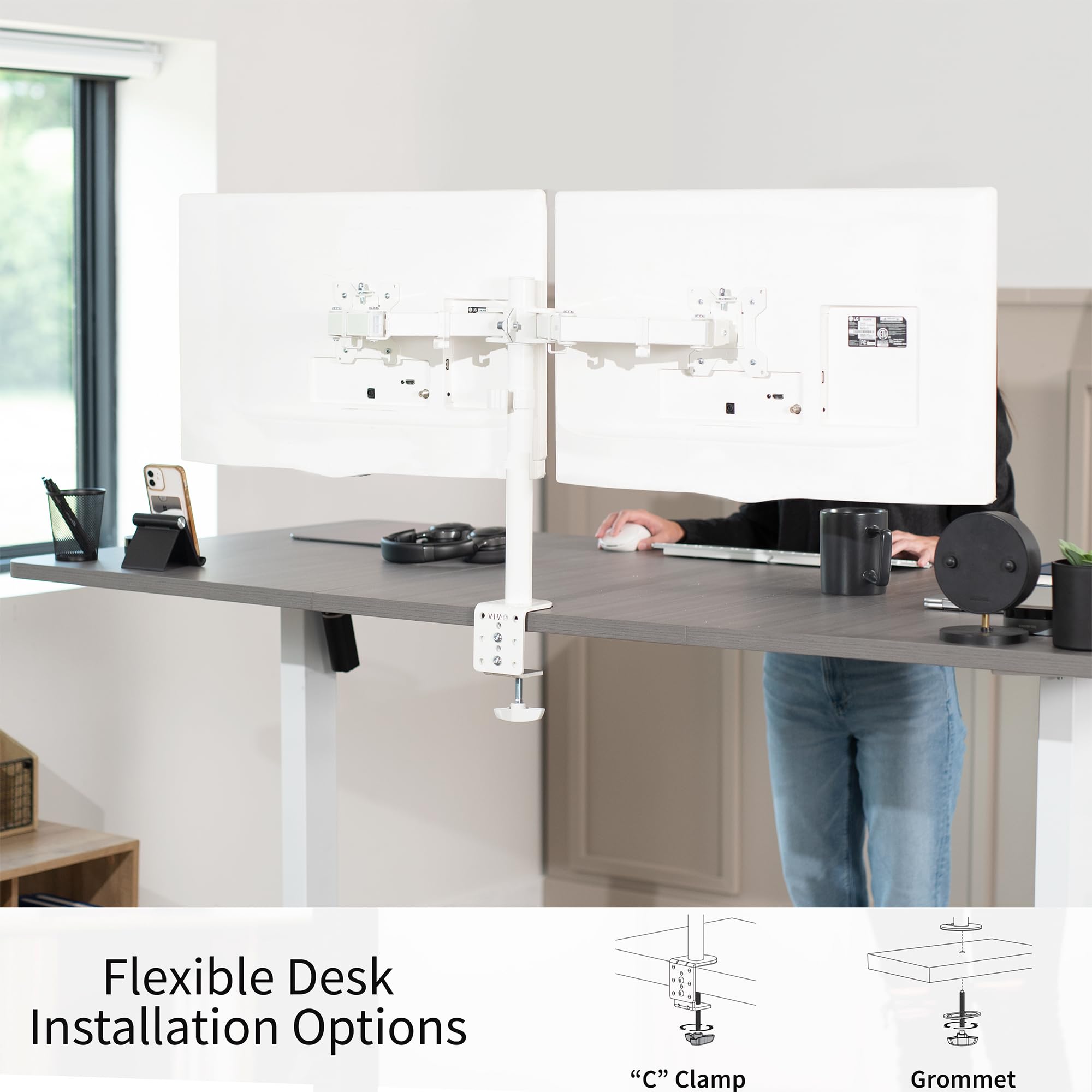 VIVO Dual Monitor Desk Mount, Heavy Duty Fully Adjustable Stand, Fits 2 LCD LED Screens up to 32 inches, White, STAND V032W