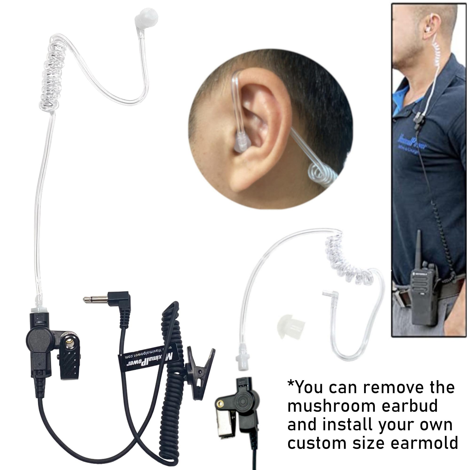 Maximalpower Rhf 617-1N 3.5Mm Receiver/Listen Only Surveillance Headset Earpiece With Clear Acoustic Coil Tube Earbud Audio Kit