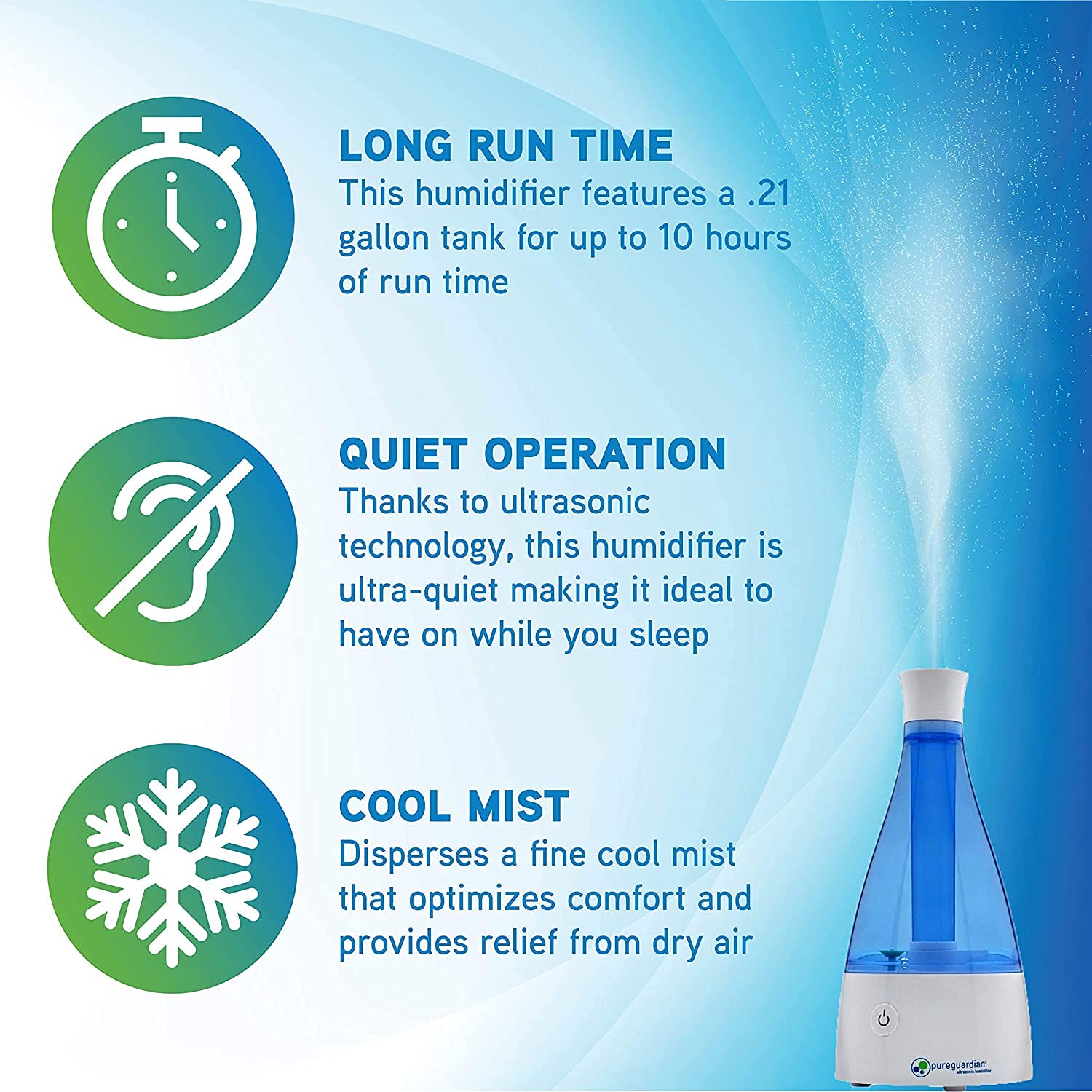 Pureguardian 0.21 Gallon Ultrasonic Cool Mist Humidifier, 10 Hour Run Time, Covers 210 Sq. Ft., Small Rooms, Quiet, Filter Free,