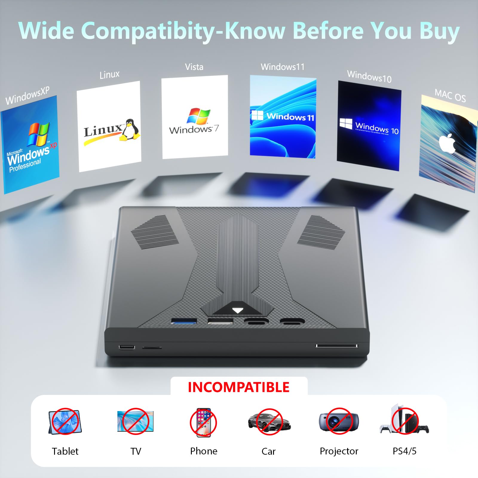 Wbacon 8-in-1 External Blu-Ray DVD CD Burner Player USB 3.0 Type-C Hub Portable Plastic
