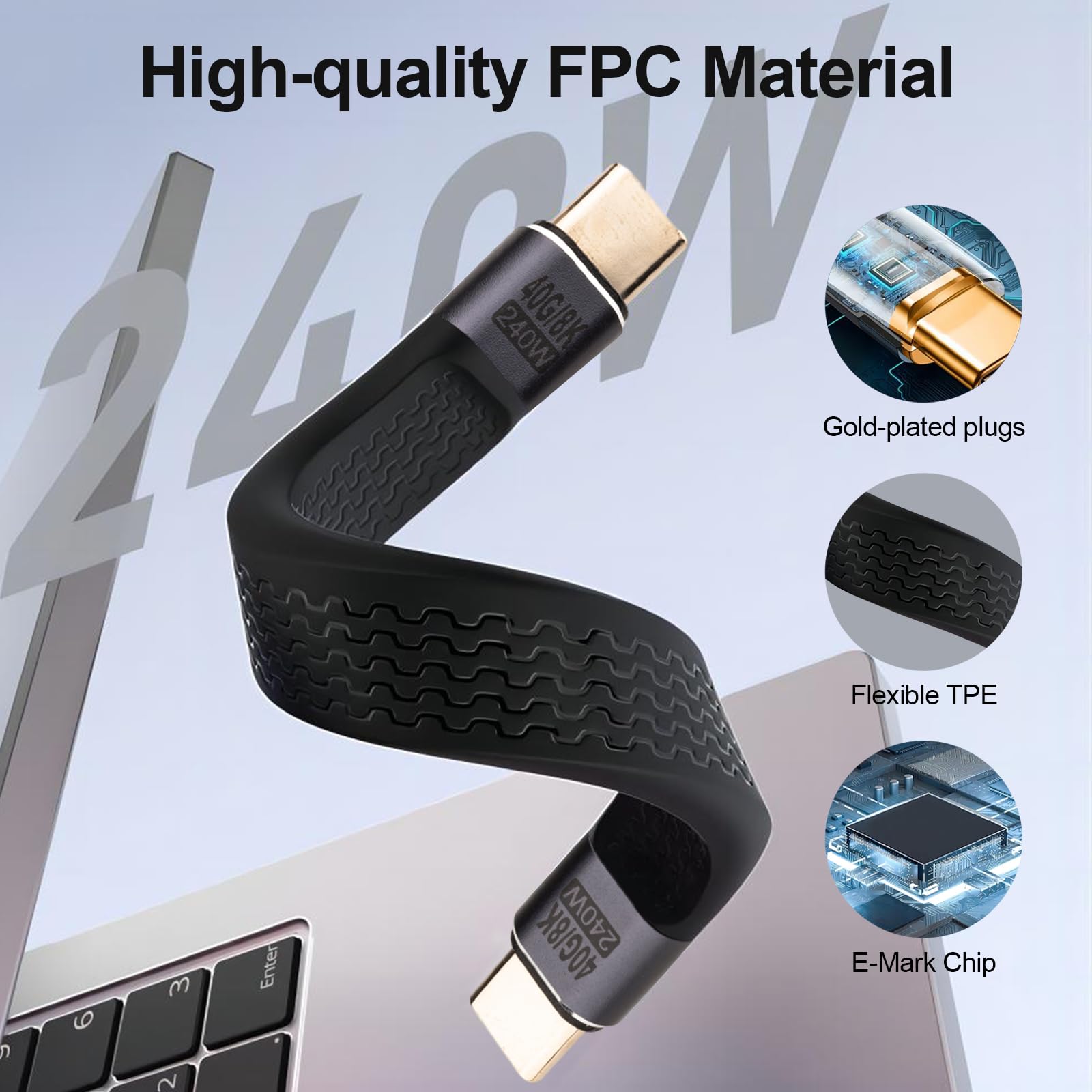 Leehitech Short Usb C Cable (5 Inches), Usb 4.0Type C Flat Cable Male To Male 40Gbps Data Transfer 240W Pd Fast Charging 8K@60Hz