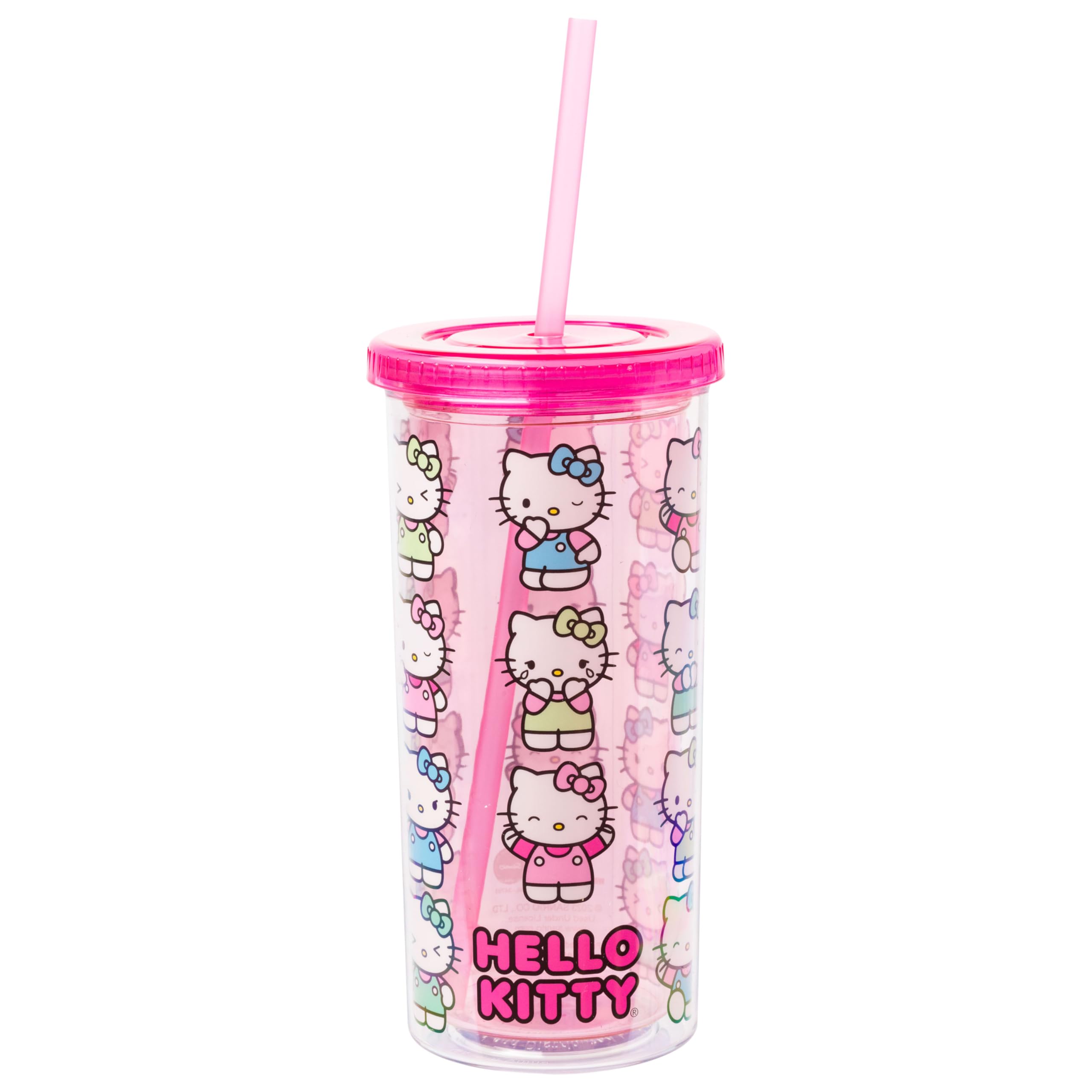 Silver Buffalo Sanrio Hello Kitty Expressions Poses Plastic Cold Cup With Lid And Straw, 20 Ounces