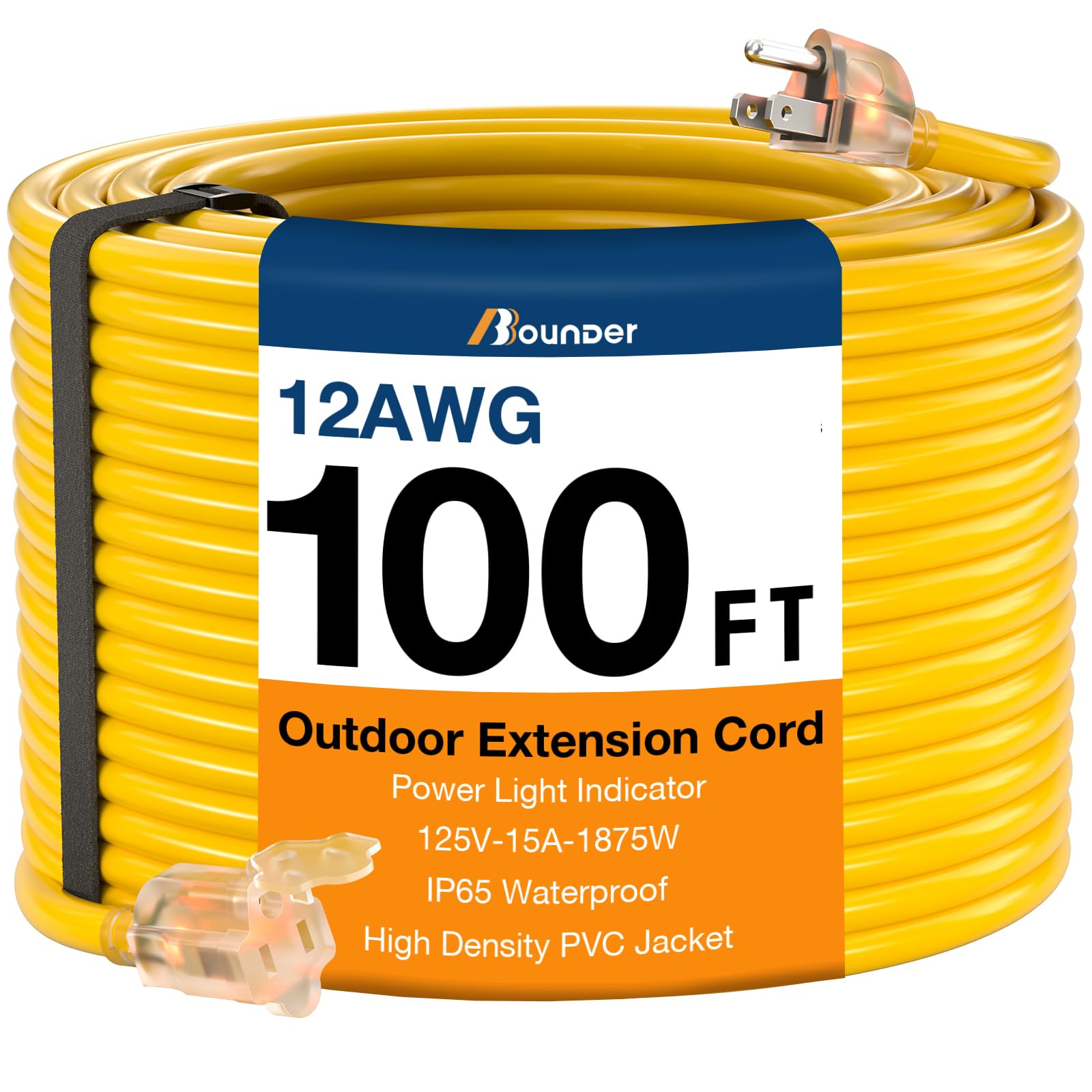 Bbounder Outdoor Extension Cord 100 Ft Waterproof, 12/3 Sjtw Heavy Duty 15A 1875W, Flexible 100% Copper 3 Prong Cords For Commer