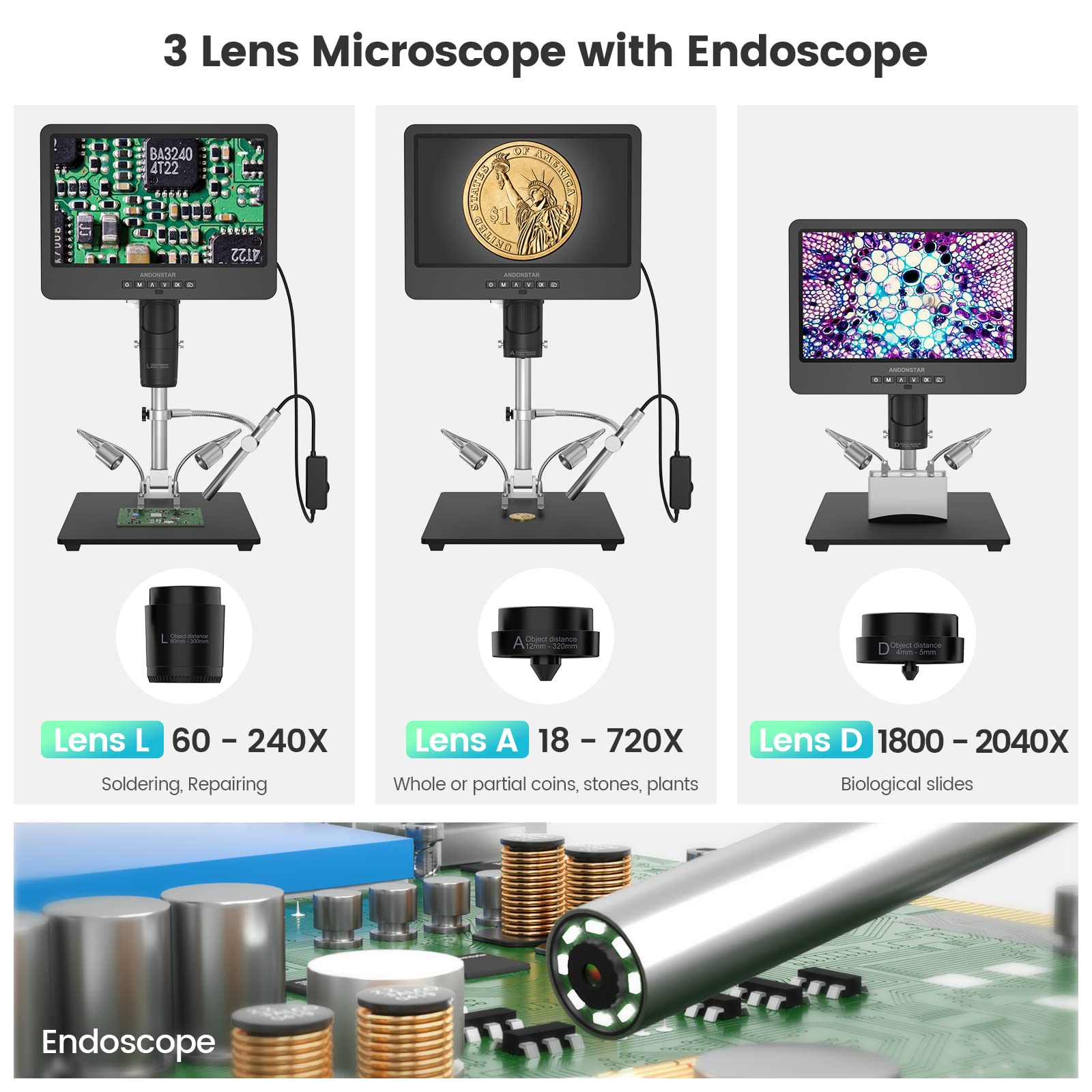 Andonstar Ad249S M 3 Lens Hdmi Digital Microscope 2000X With Endoscope, 2160P Uhd Video Record 10.1 Inch Lcd Microscope, Solderi