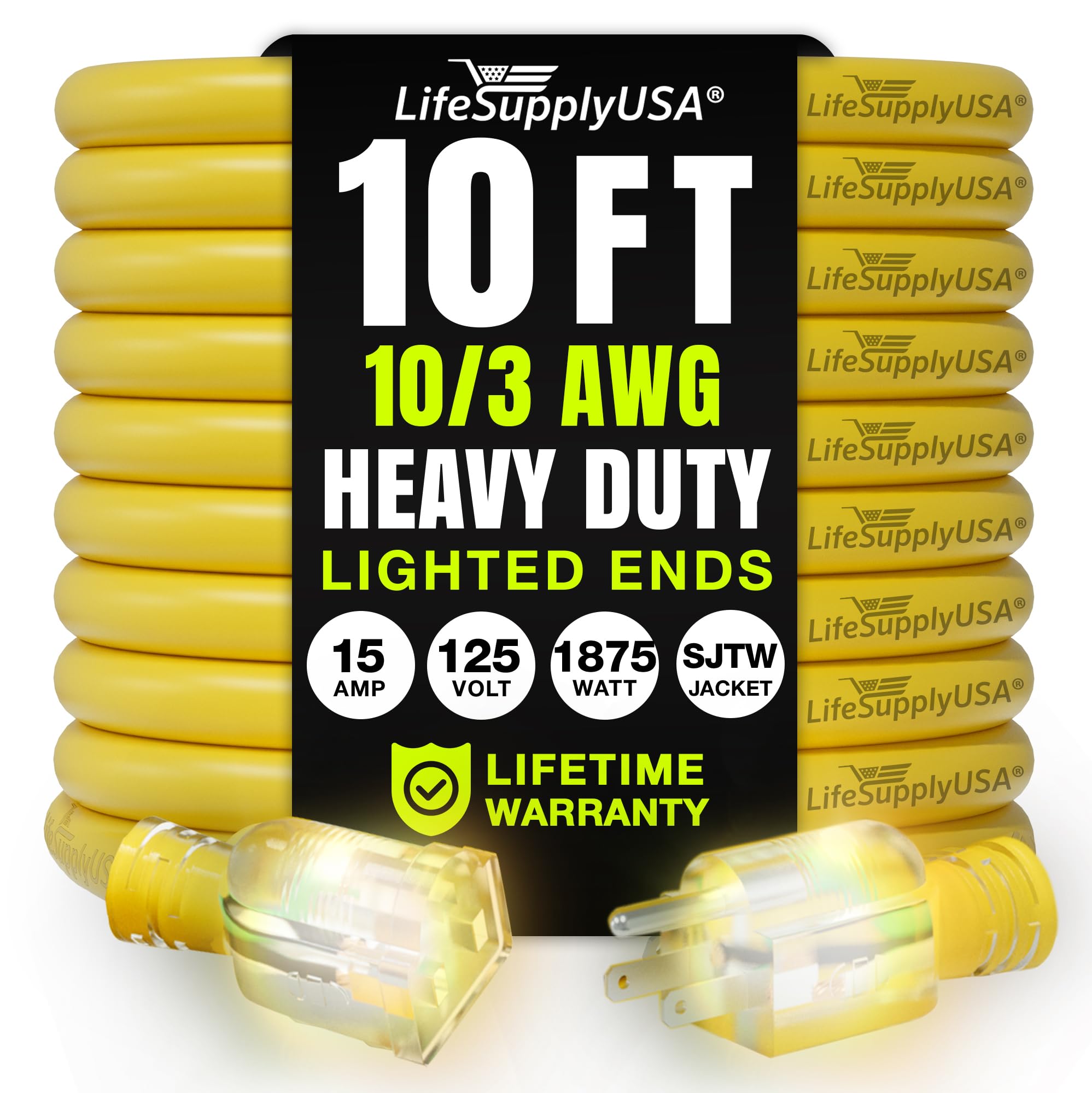 Lifesupplyusa 10Ft Outdoor/Indoor Extension Cord 10/3 Gauge Ultra Heavy Duty 3 Prong Sjtw, Waterproof, Flexible Cold Resistant L
