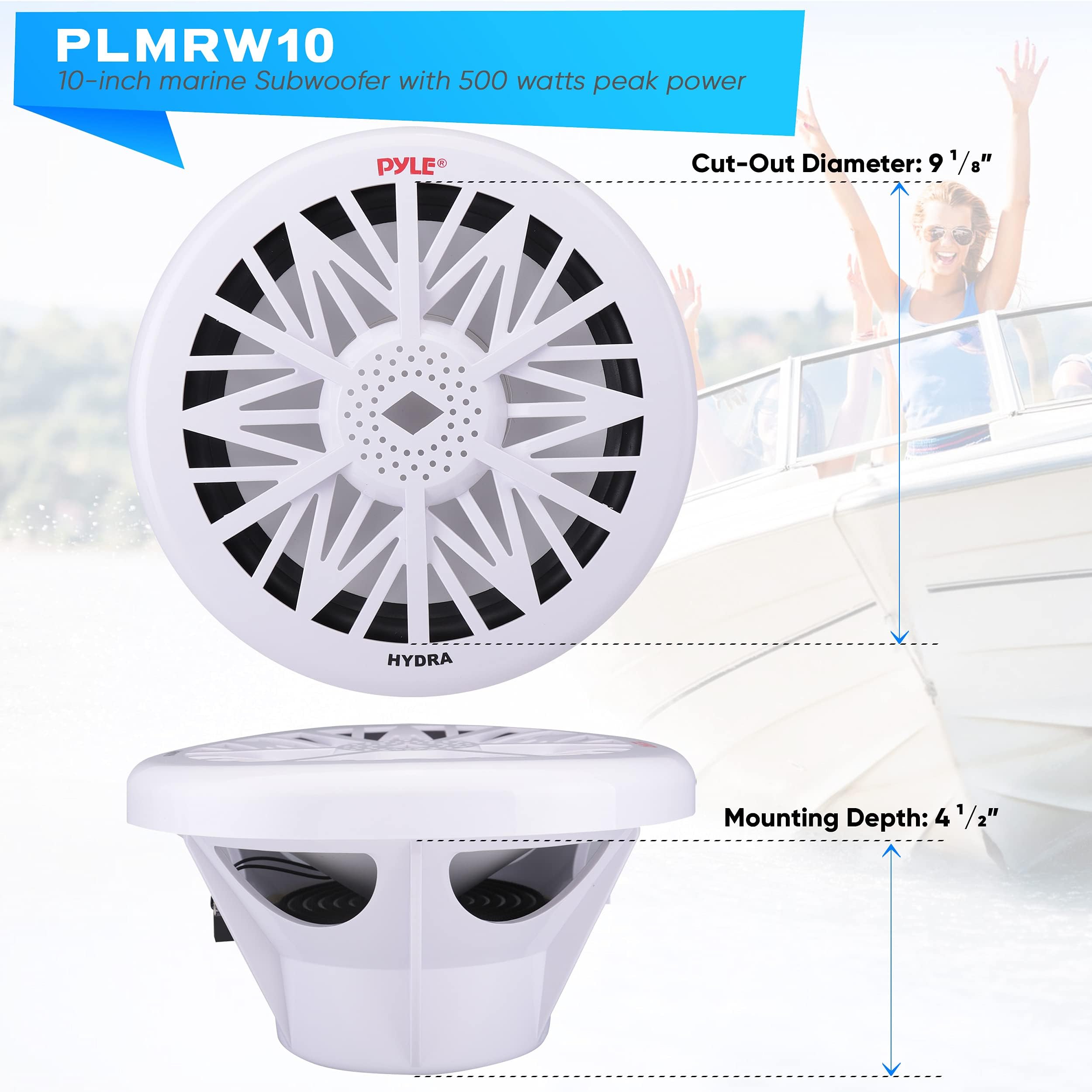 Pyle 10 Inch Outdoor Marine Audio Subwoofer   500 Watt Single White Waterproof Bass Loud Speaker For Marine Stereo Sound System,
