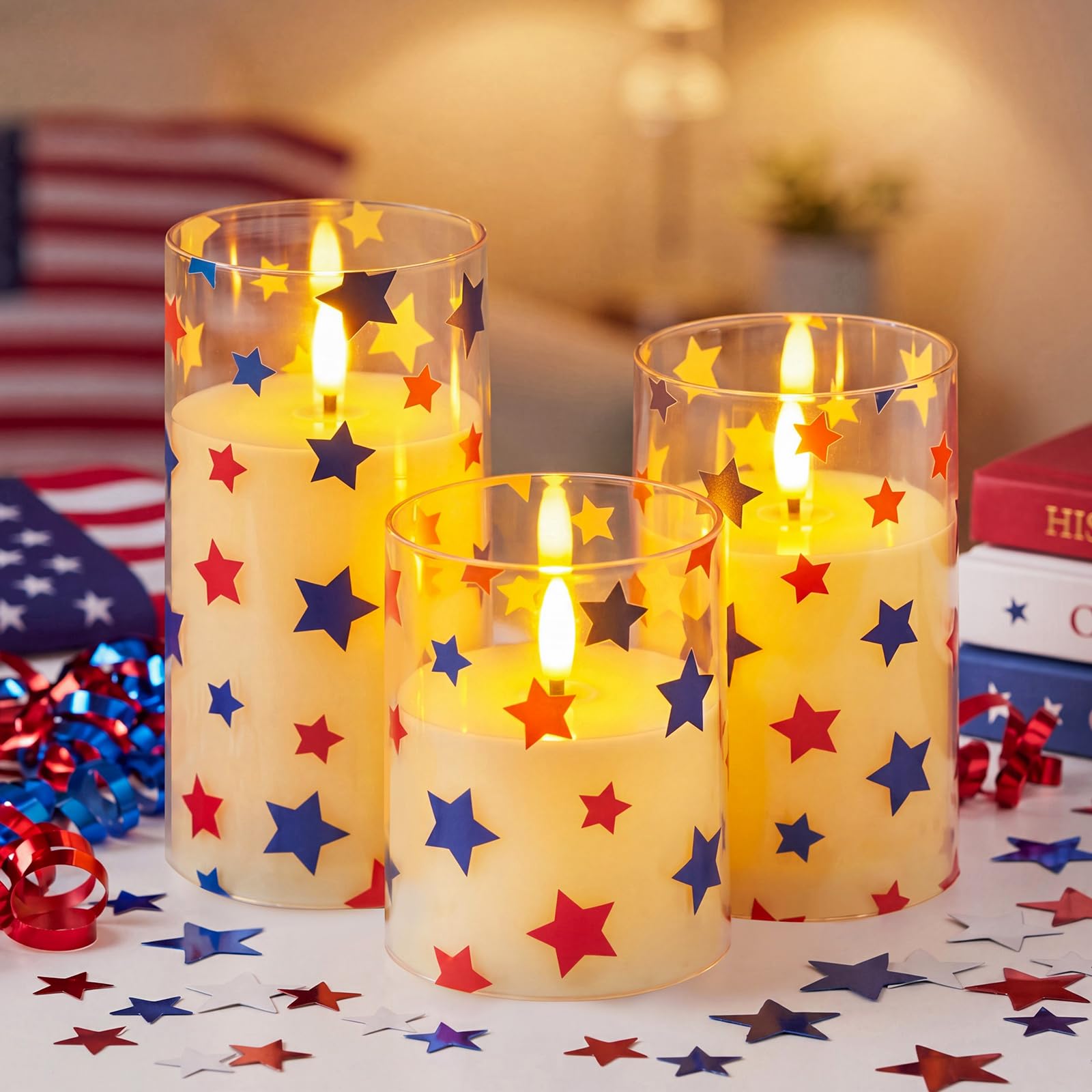 Blosssound 3 Pack 4th of July Flameless Candles Battery Operated Independence Day Stars in Blue Red Flameless Flickering Candles