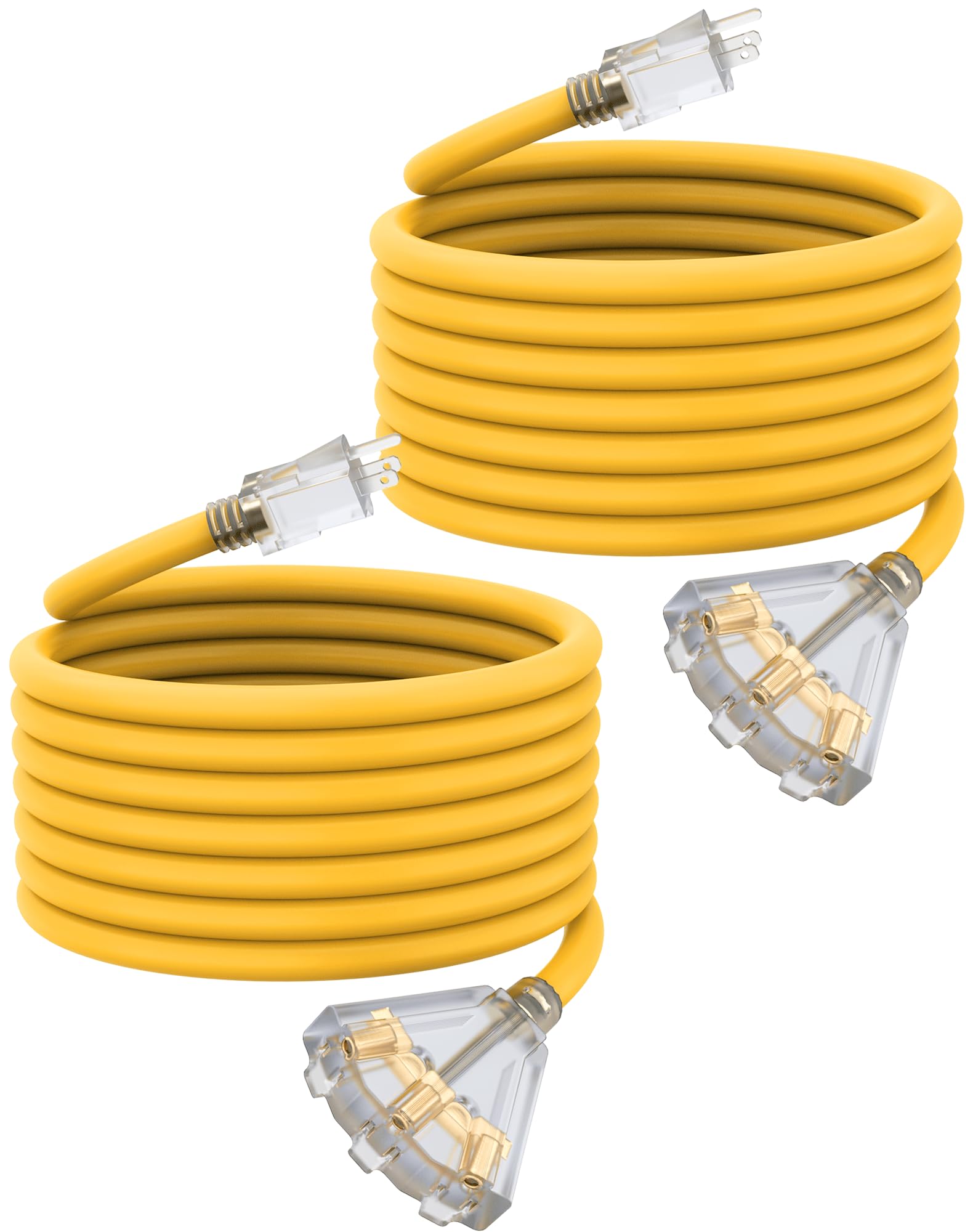 25Ft 12 Gauge Outdoor Extension Cord With 3 Outlets, 2 Pack, Heavy Duty 3 Prong Extension Cord Waterproof With Lighted End, 15A