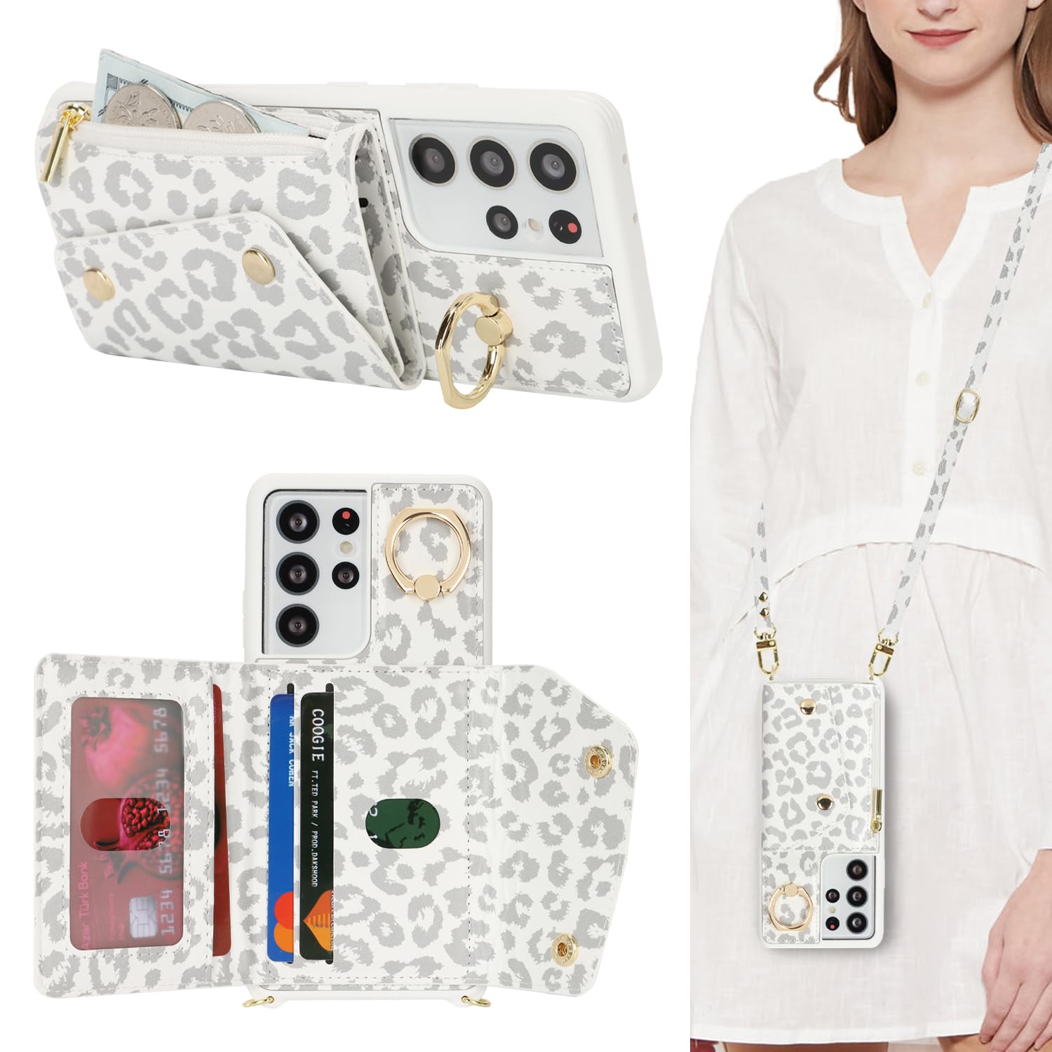 Lipvina for Samsung Galaxy S21 Ultra Case with Card Holder and Strap - Zipper Pocket,Crossbody Lanyard Strap,Stand Ring,Cute Pho